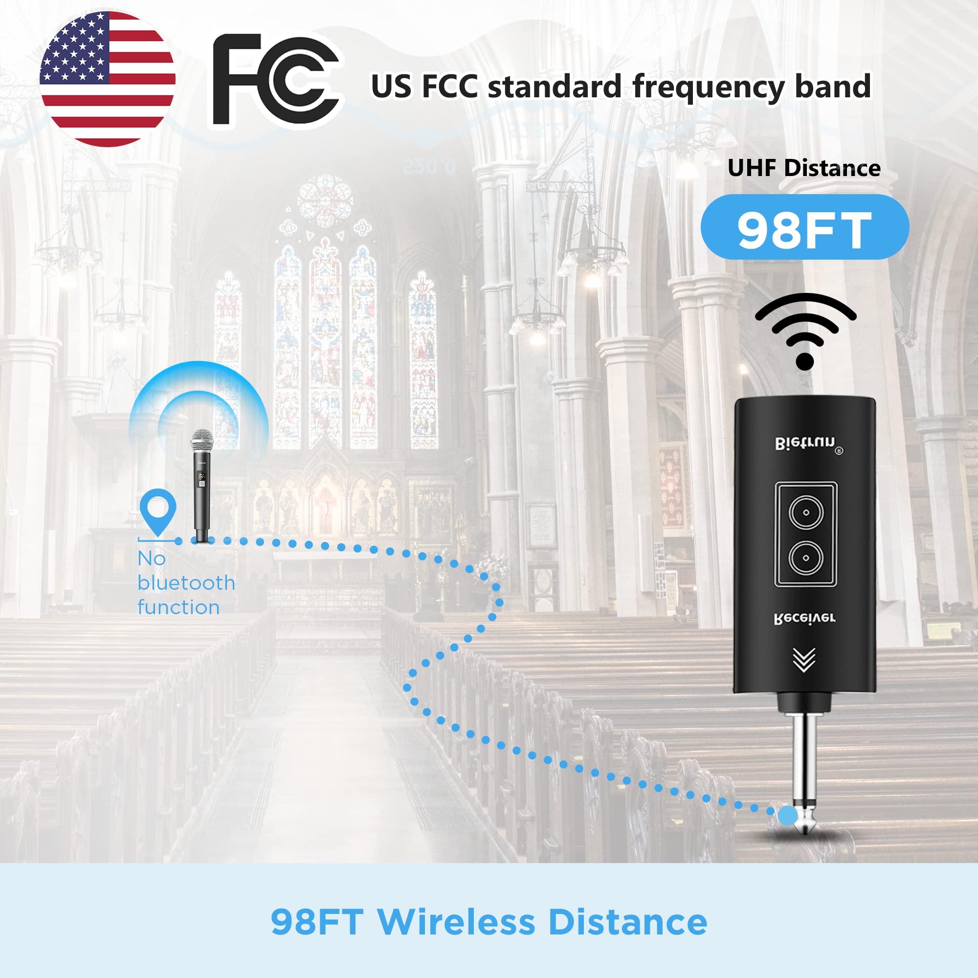 Bietrun Wireless Microphone, UHF Single Handheld Cordless Dynamic Metal Mic Set with Rechargeable Receiver, 1/4'' Plug Output, f