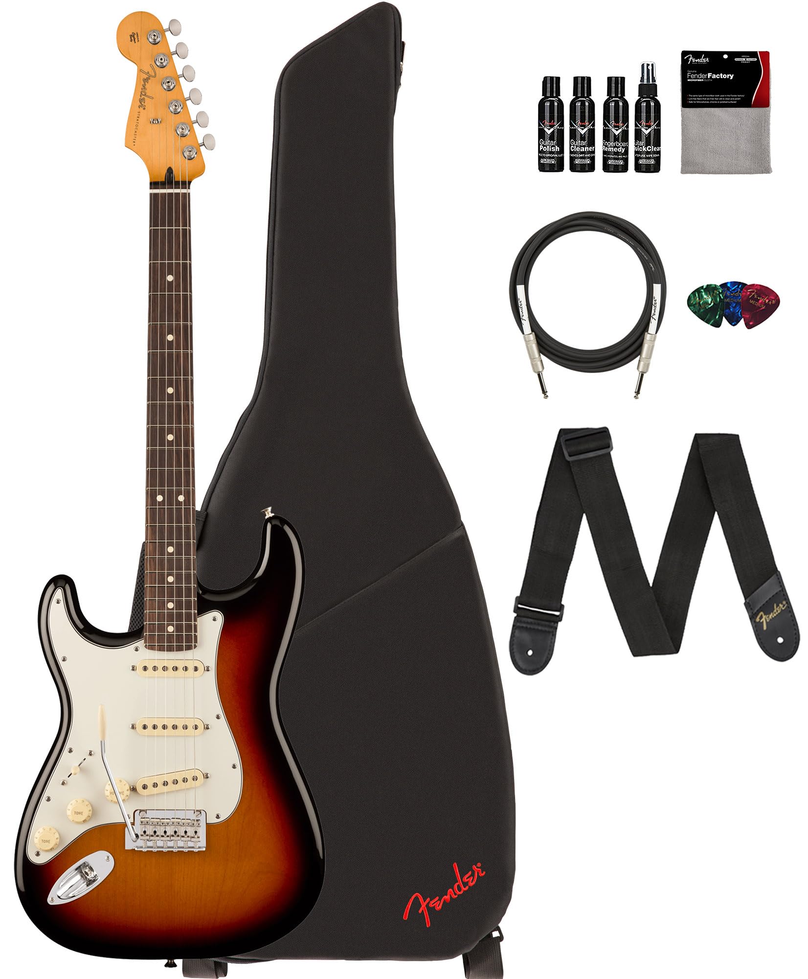 Fender Player Ii Stratocaster Left-Handed - 3-Color Sunburst Bundle With Gig Bag, Strap, Cable, 3-Pack Picks And Guitar Cleaning