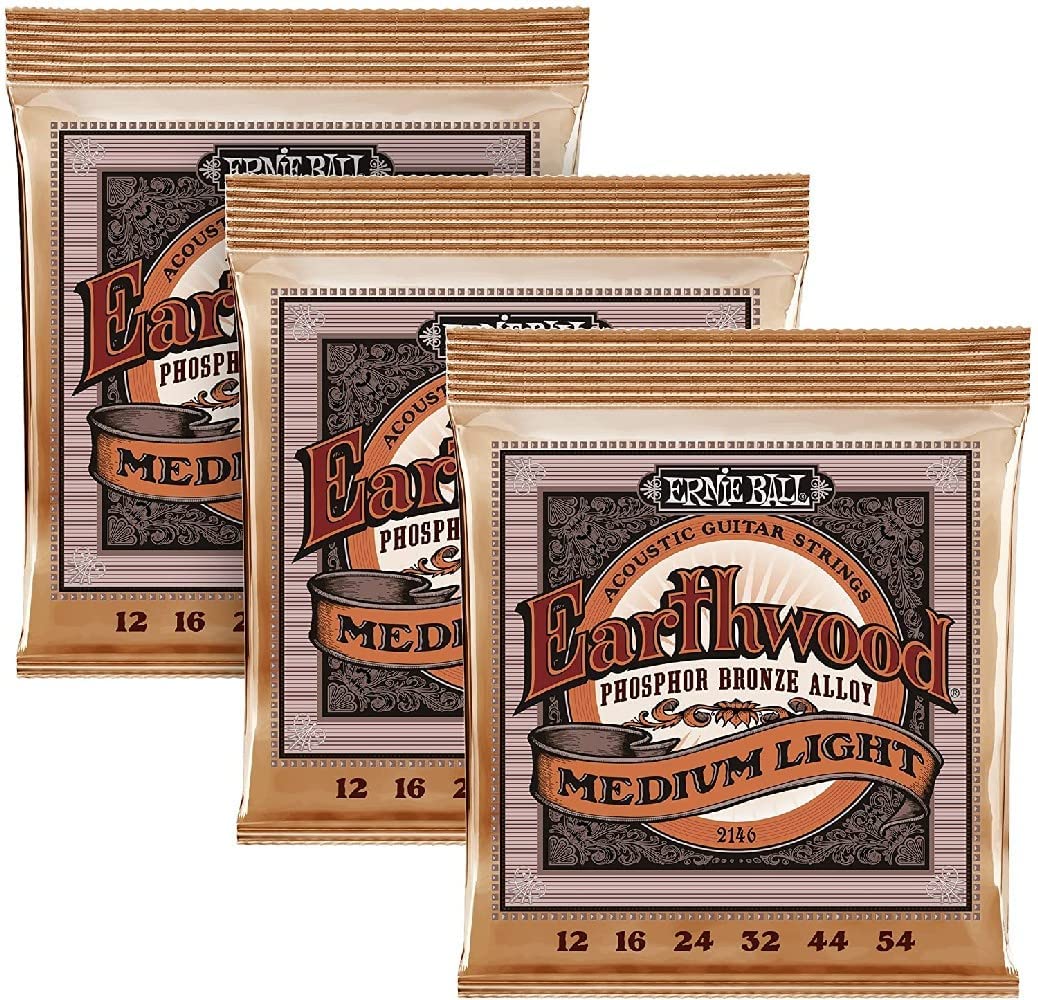 Ernie Ball Earthwood Medium Light Phosphor Bronze Acoustic Guitar Strings 3-Pack, 12-54 Gauge (P03446)
