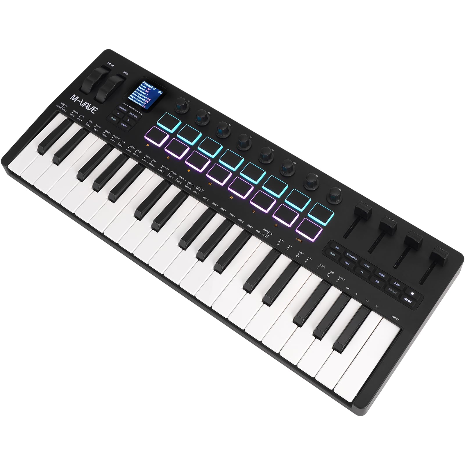 M-VAVE 37 Key USB MIDI Keyboard Controller With 16 Backlit Drum Pads, Bluetooth Semi Weighted Professional dynamic keybed 8 Knob