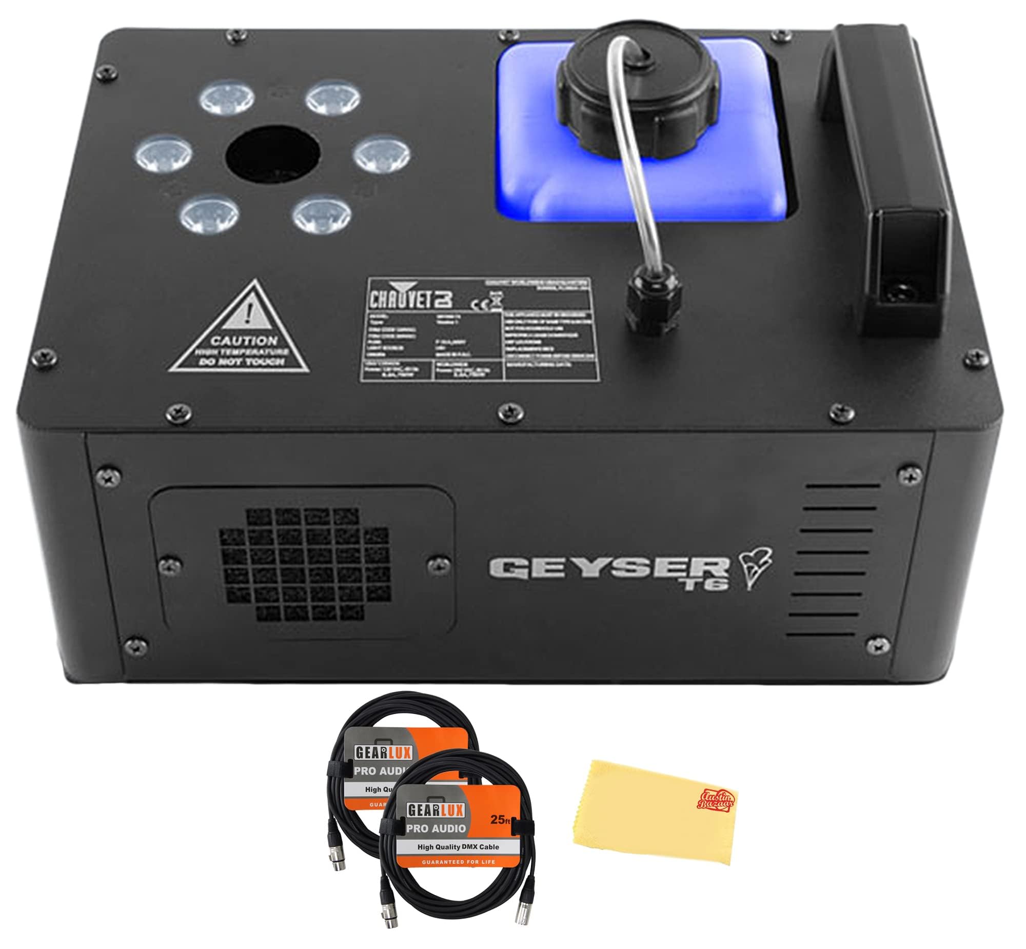 CHAUVET DJ Geyser T6 RGB Illuminated Fog Machine with Pyrotechnic Light Effect Bundle with 2 DMX Cables and Austin Bazaar Polish