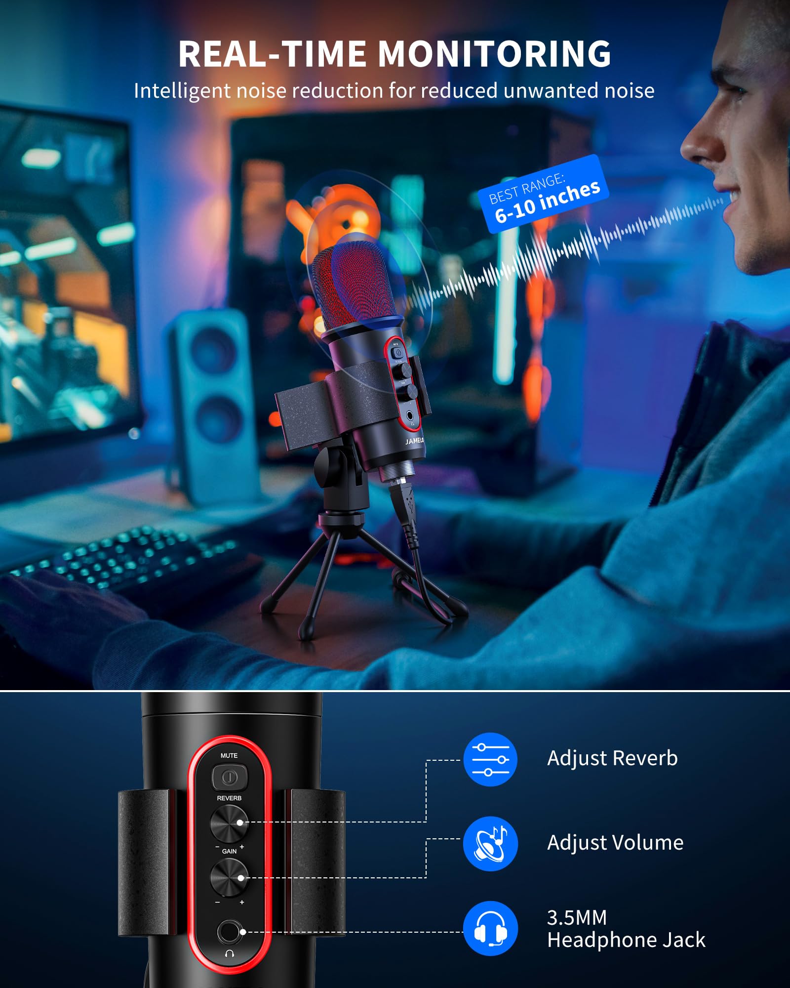 JAMELO Gaming Microphone, USB Computer Condenser Mic for PC/Laptop/Phone/PS4/5, RGB, Headphone Output, Volume Control,Plug and P