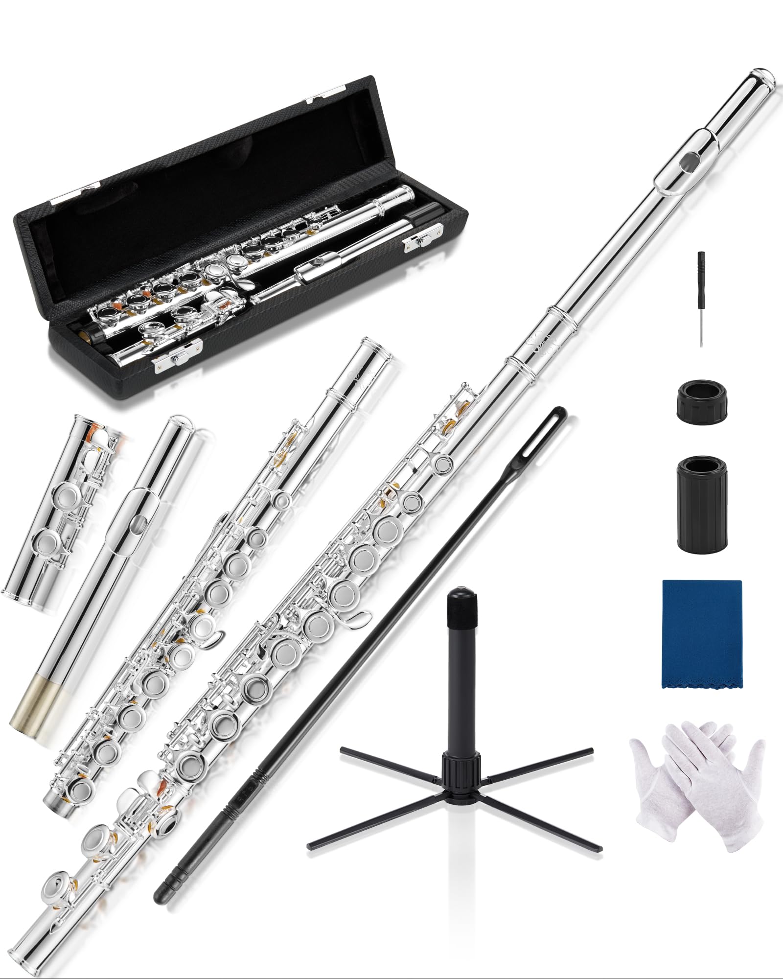 AKLOT Closed-Hole Concert C Flute: Flute Instrument with 16 Keys, Offset G, Smooth Silver-Plated Keys, Air-Tight Pads, Include S