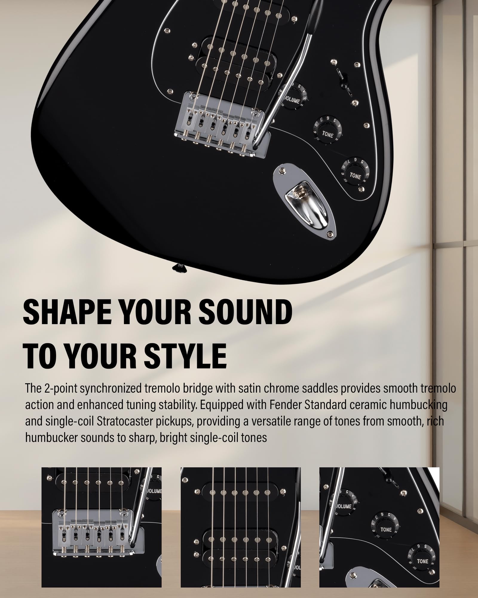 Fender Standard Stratocaster HSS - Black Bundle with Strap, Guitar Cleaning Kit and Austin Bazaar Instructional Video