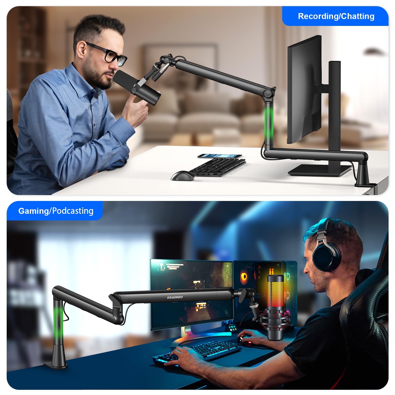 Microphone Arm,Aokeo AK-55 Desk Low Profile Adjustable Mic Boom Arm Stand,Suitable For Blue Yeti,Snowball iCE, HyperX QuadCast,S