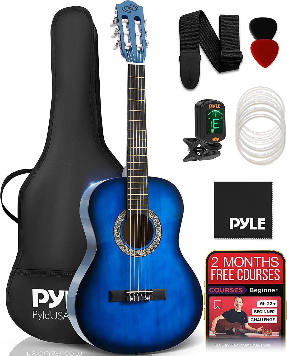 Pyle Beginner Acoustic Guitar Kit, 3/4 Junior Size All Wood Instrument For Kids, Adults, 36'' Blue Burst