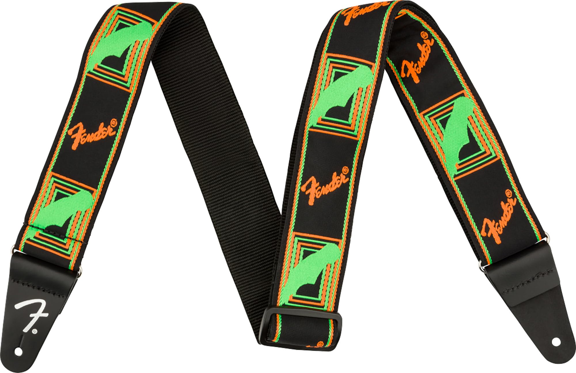 Fender Neon Monogrammed 2-Inch Guitar Strap - Green and Orange Bundle with Strap Blocks and Picks