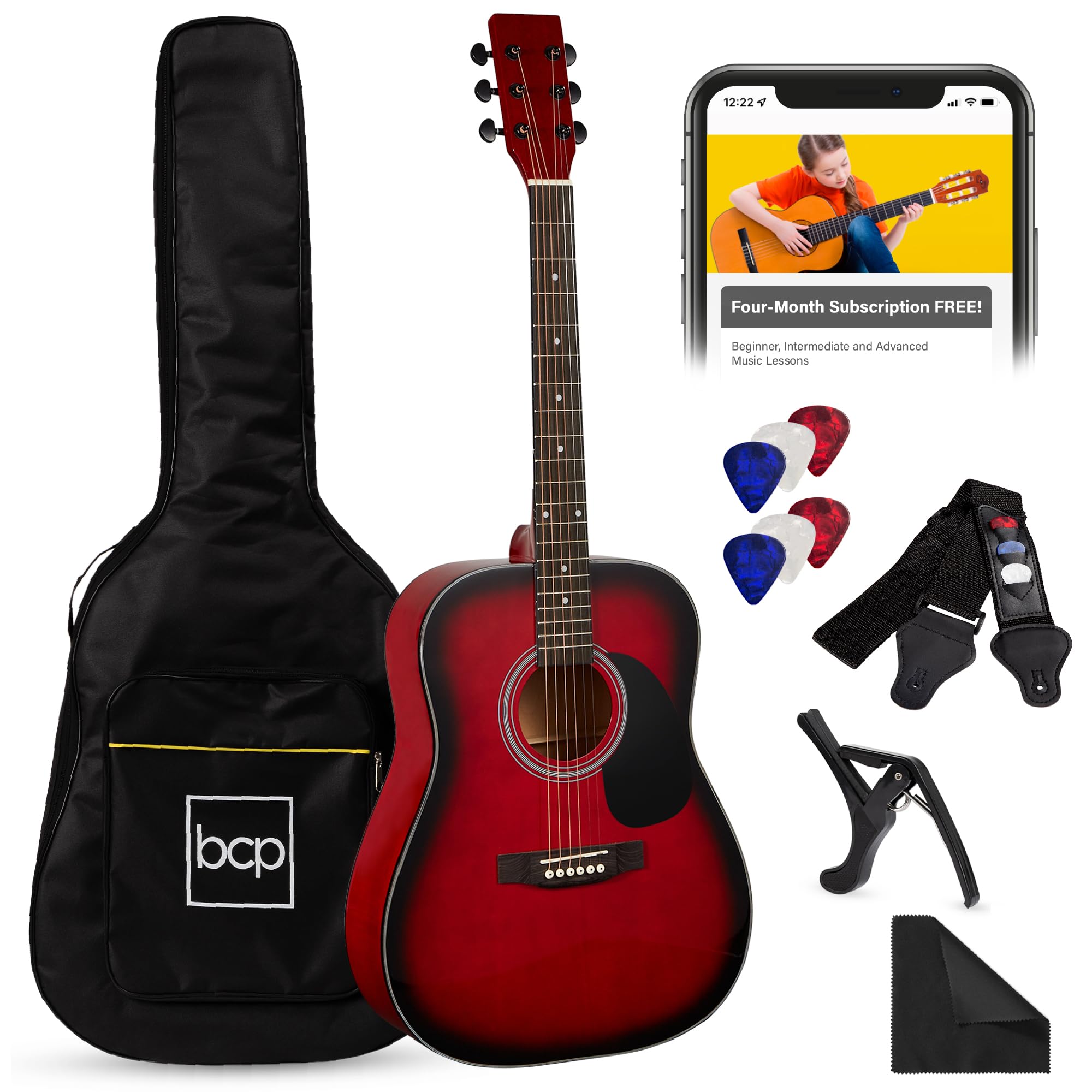 Best Choice Products 41in Full Size Beginner All Wood Acoustic Guitar Starter Set w/Gig Bag, Strap, Capo, Strings, Picks - Red B