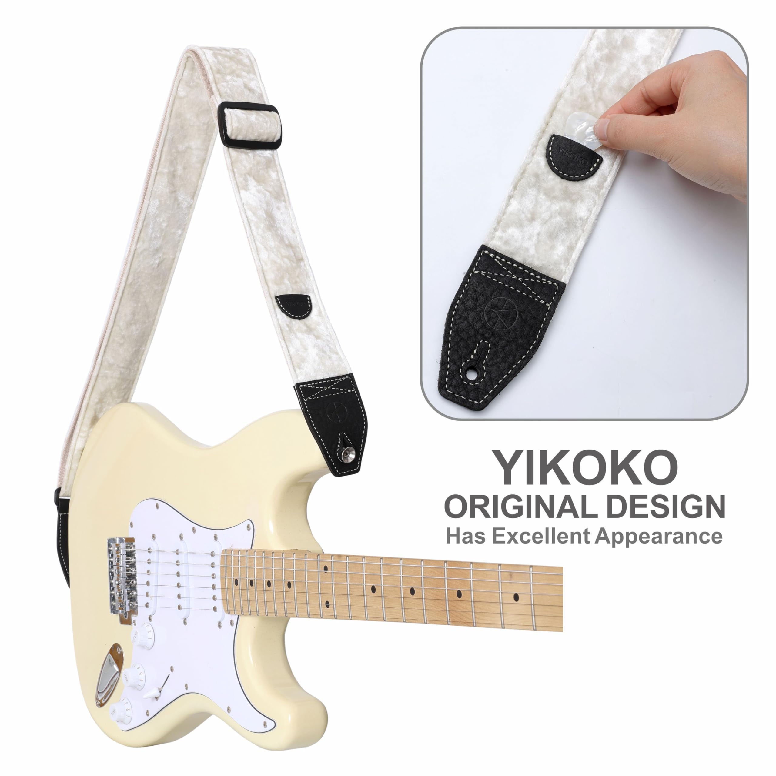 YIKOKO Guitar Strap 2 inch Velvet Guitar Straps with Full Grain Leather End, for Bass Electric and Acoustic Guitars, Free Strap