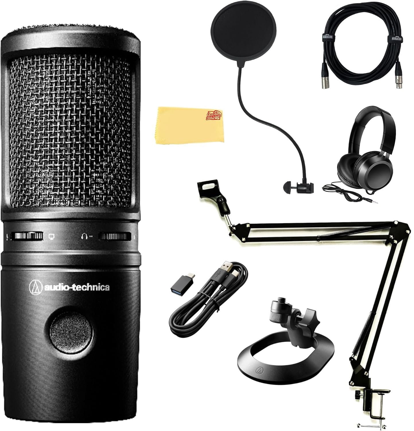 Audio-Technica AT2020USB-X Cardioid Condenser USB Microphone - Bundle with Pop Filter, Headphone, Boom Arm, XLR Cable, and Austi