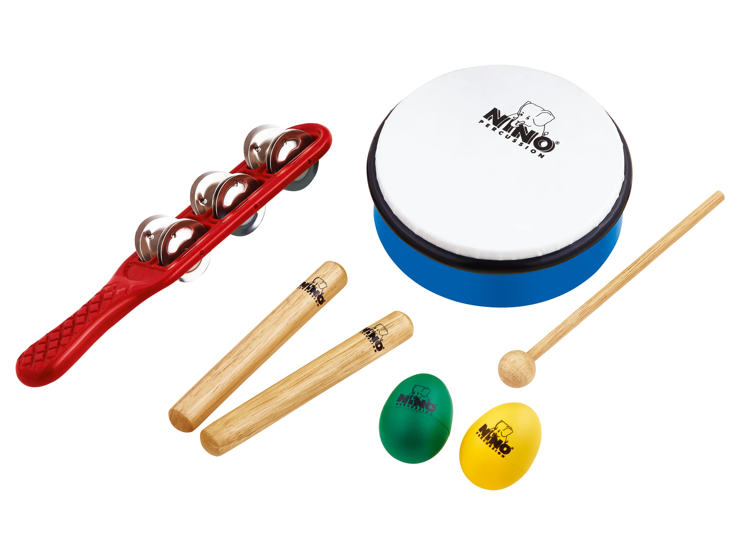 Nino Percussion Ninoset3 Hand Percussion Rhythm Set With Egg Shakers, Claves, Jingle Stick, And Frame Drum (Video)