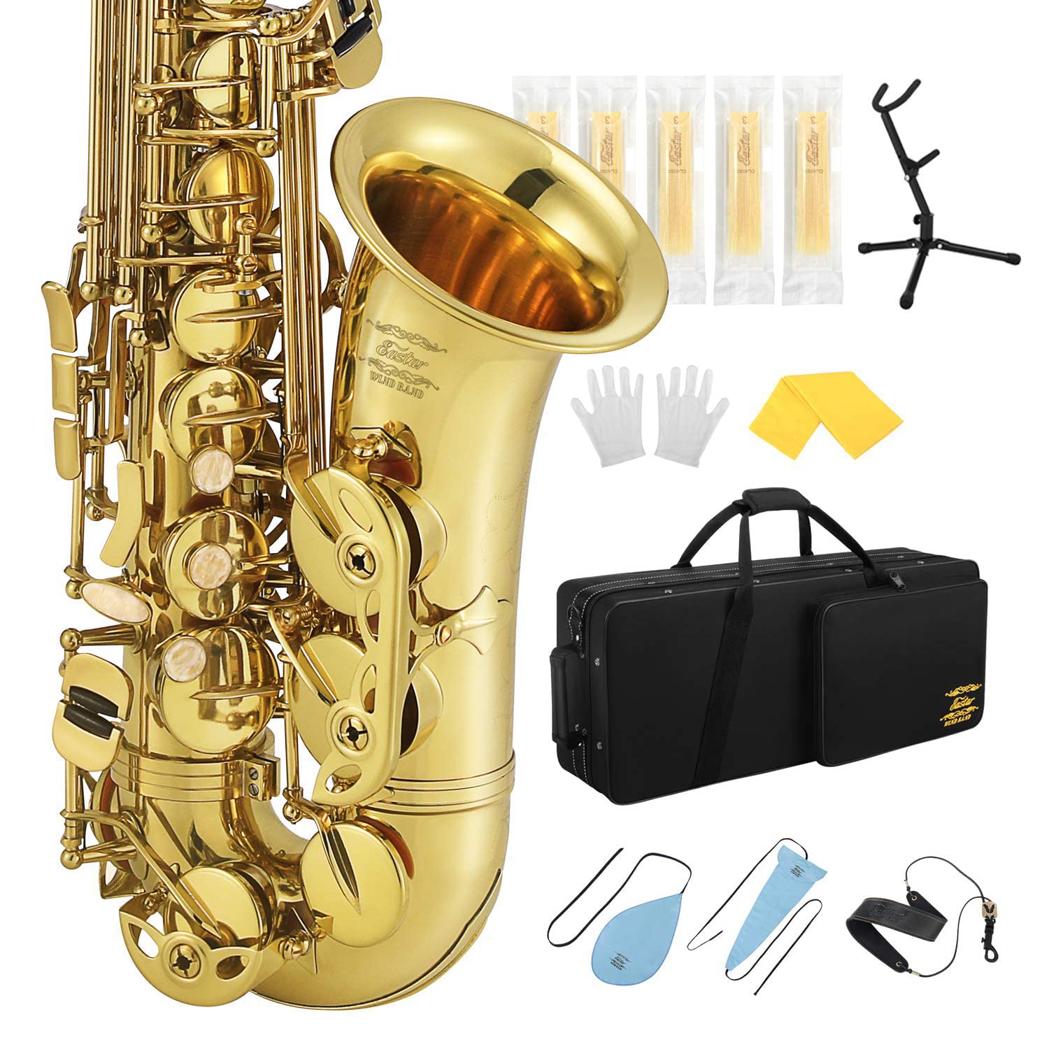 Eastar Professional Alto Saxophone E Flat Alto Saxophone Eb Saxophone Gold With Cleaning Cloth, Carrying Case, Mouthpiece, Neck