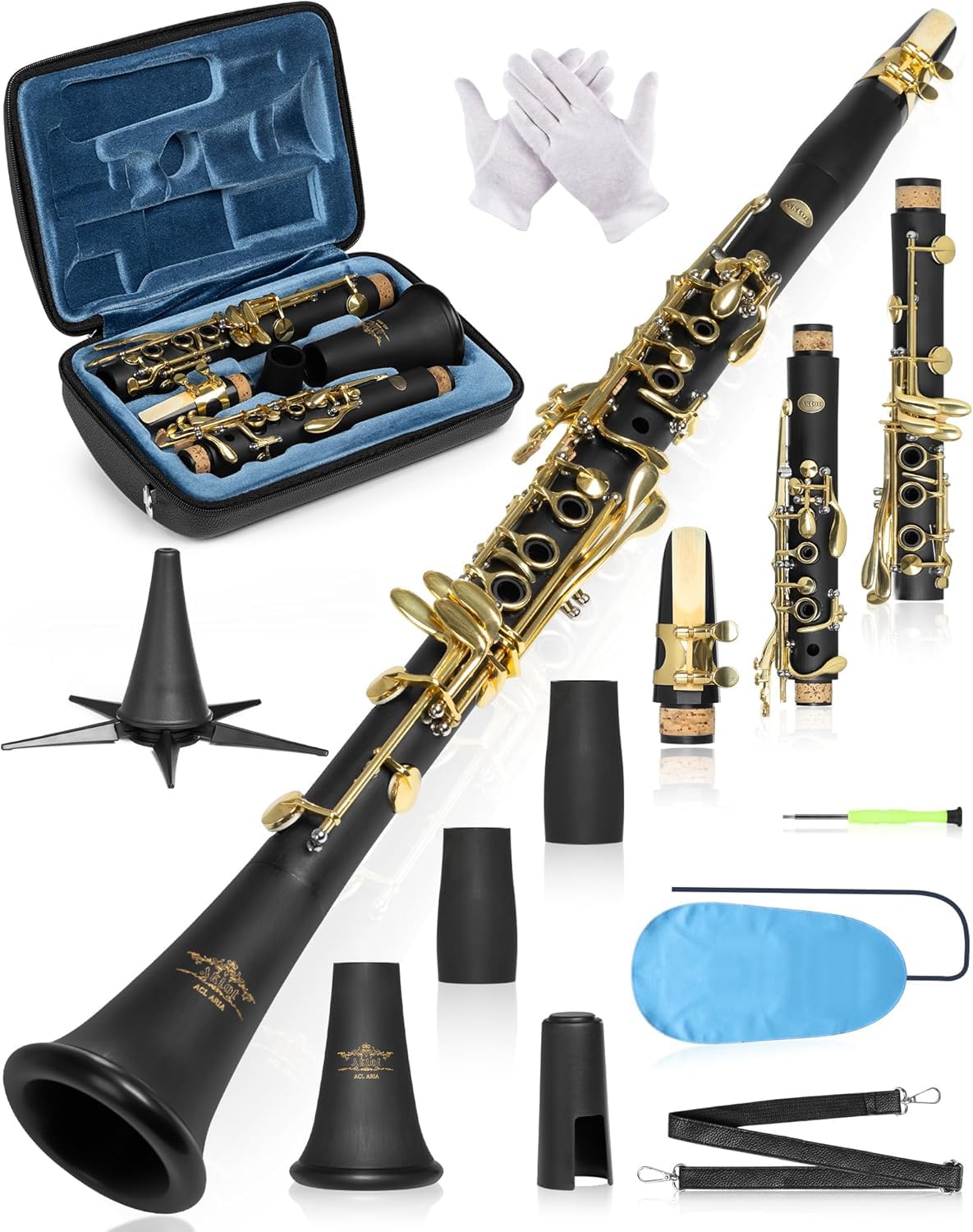 AKLOT B Flat Concert Clarinet: Precision Tone Hole Design for Stable Intonation, Durable Gold-Plated Keys, Including Leather Har