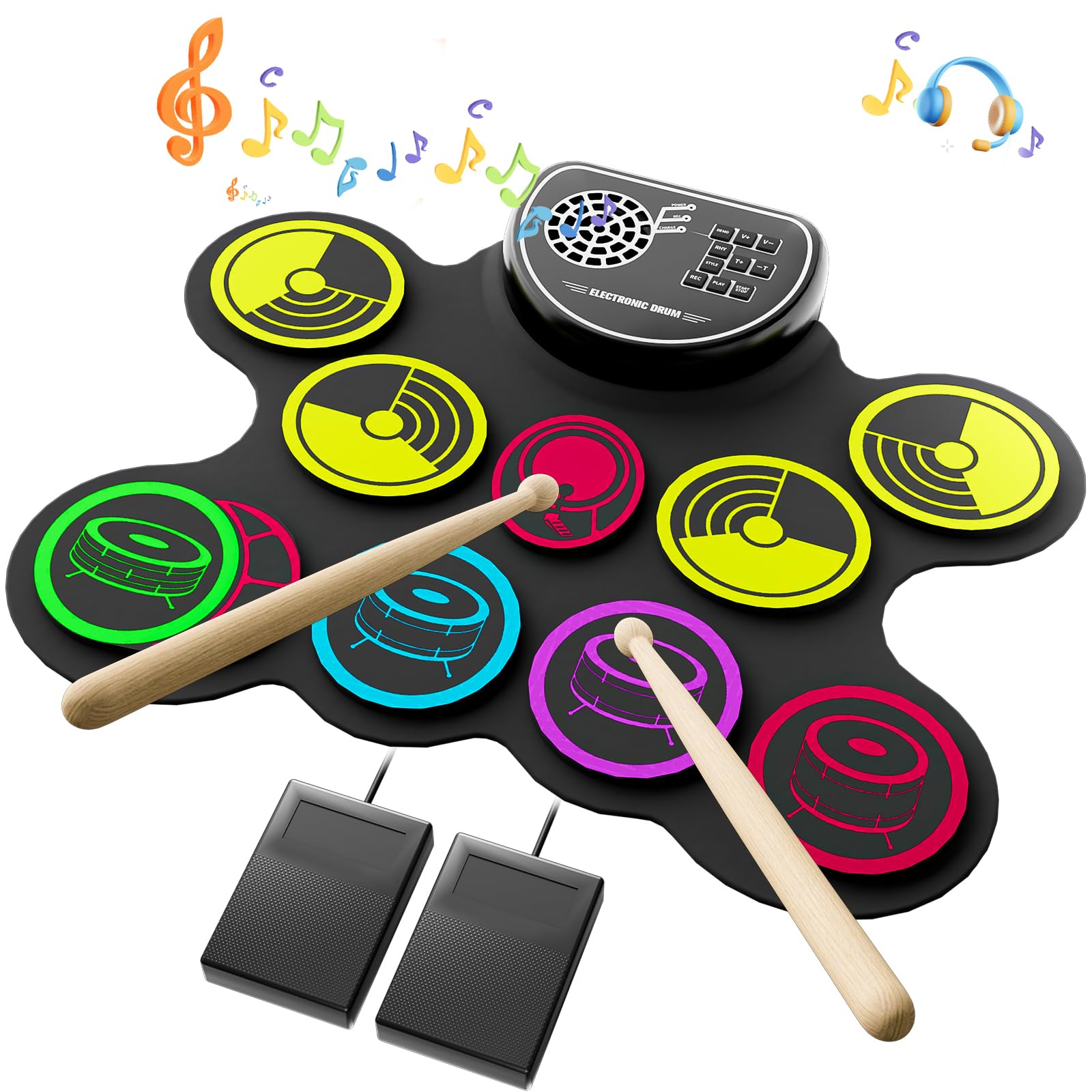 Miortior Electronic Drum Set, 10 Pads Roll-up Drum Practice Pad with Drum Pedals & Drum Sticks, Portable Drum Pad Machine Built-