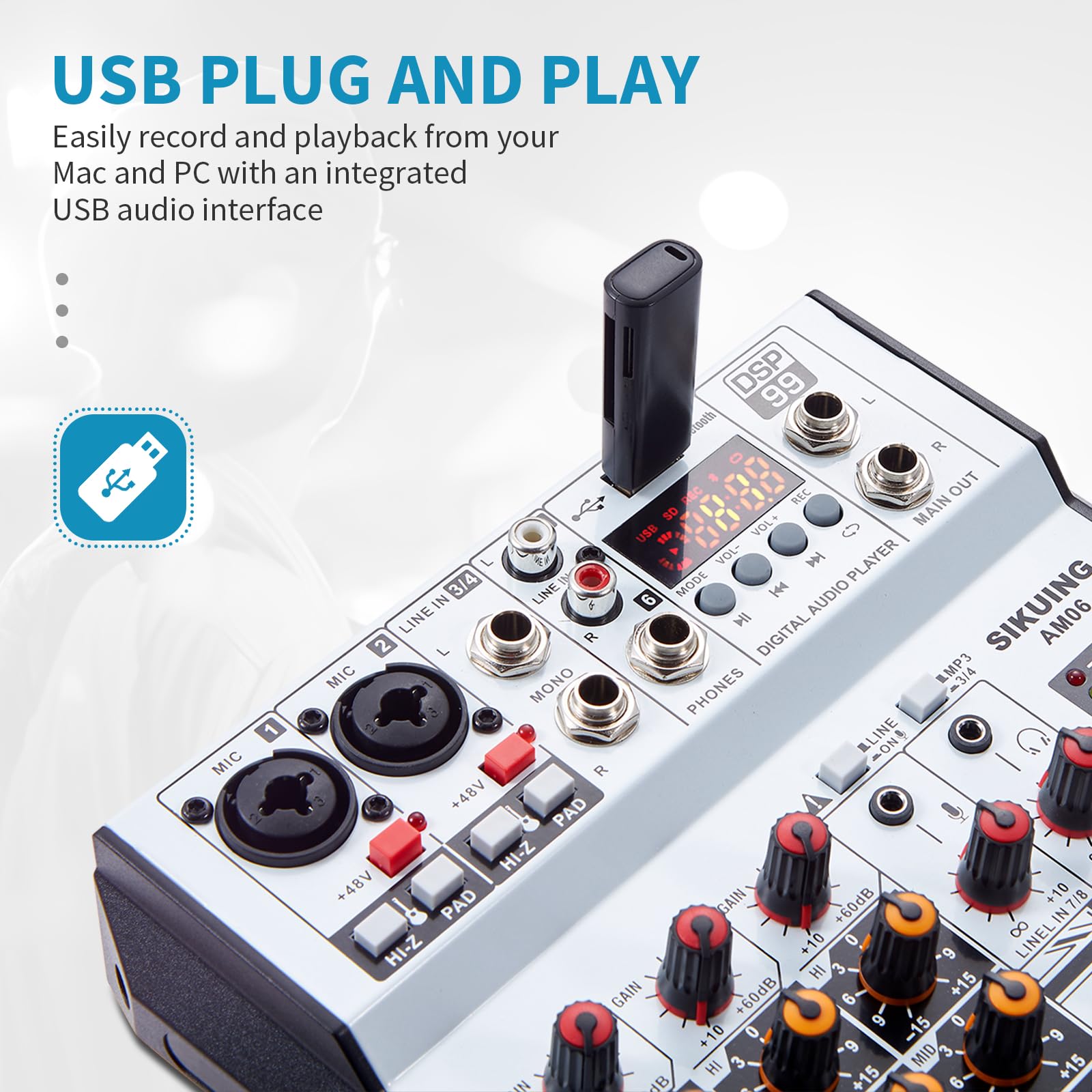 SIKUING 6 Channel Audio Mixer Professional Sound Board Console w/99 DSP Effects 48V Phantom Power Bluetooth USB Interface Stereo