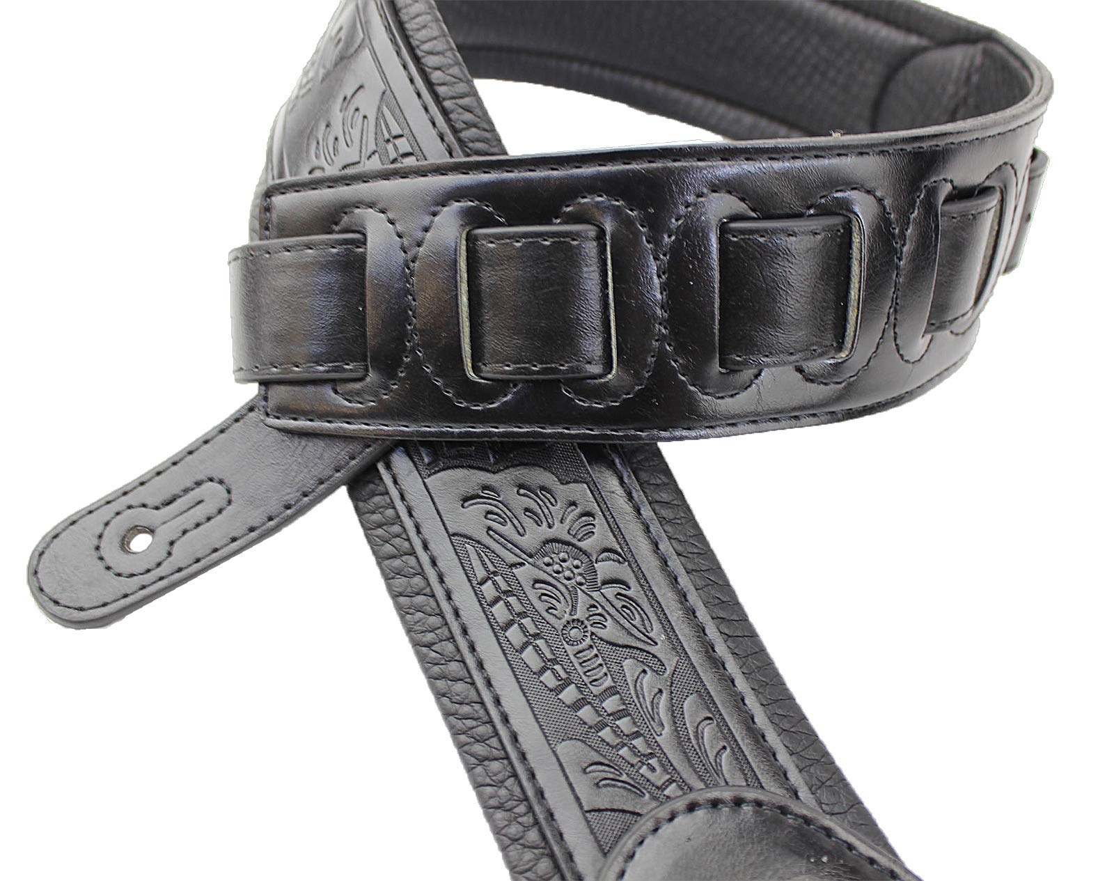 Walker & Williams G-118 Black on Black Padded Guitar Strap with Embossed Tooling & Padded Glove Leather Back For Acoustic, Elect