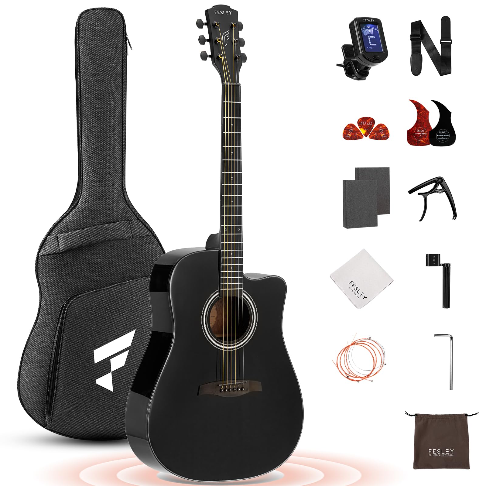 Fesley X Acoustic Guitar Kit, 41 Inch Full Size 6 String Cutaway Guitarra Ac  Stica For Beginner Adults With Tuner, Gig Bag, Str