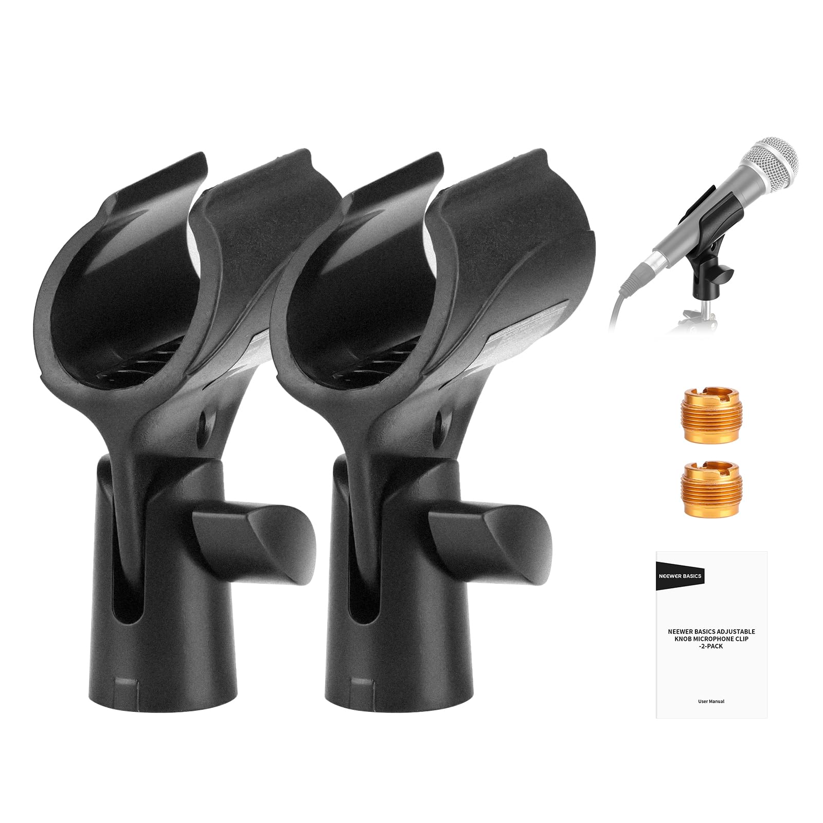 NEEWER BASICS Microphone Holder Accessories Kit 2 Pack, Adjustable Mic Clips with Non Slip Design & 3/8 to 5/8 Screw Adapters fo