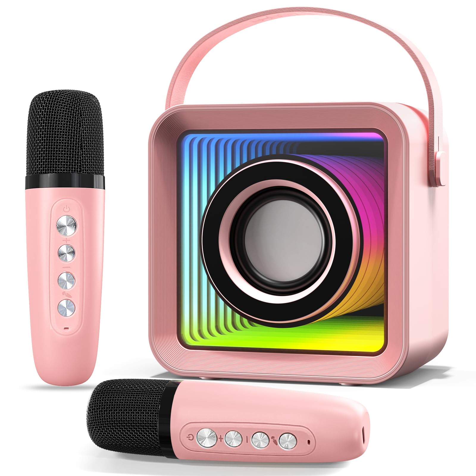 HUABAO Mini Karaoke Machine with 2 Wireless Microphones, Portable Bluetooth Singing Speaker with Lights for Kids & Adults, Child
