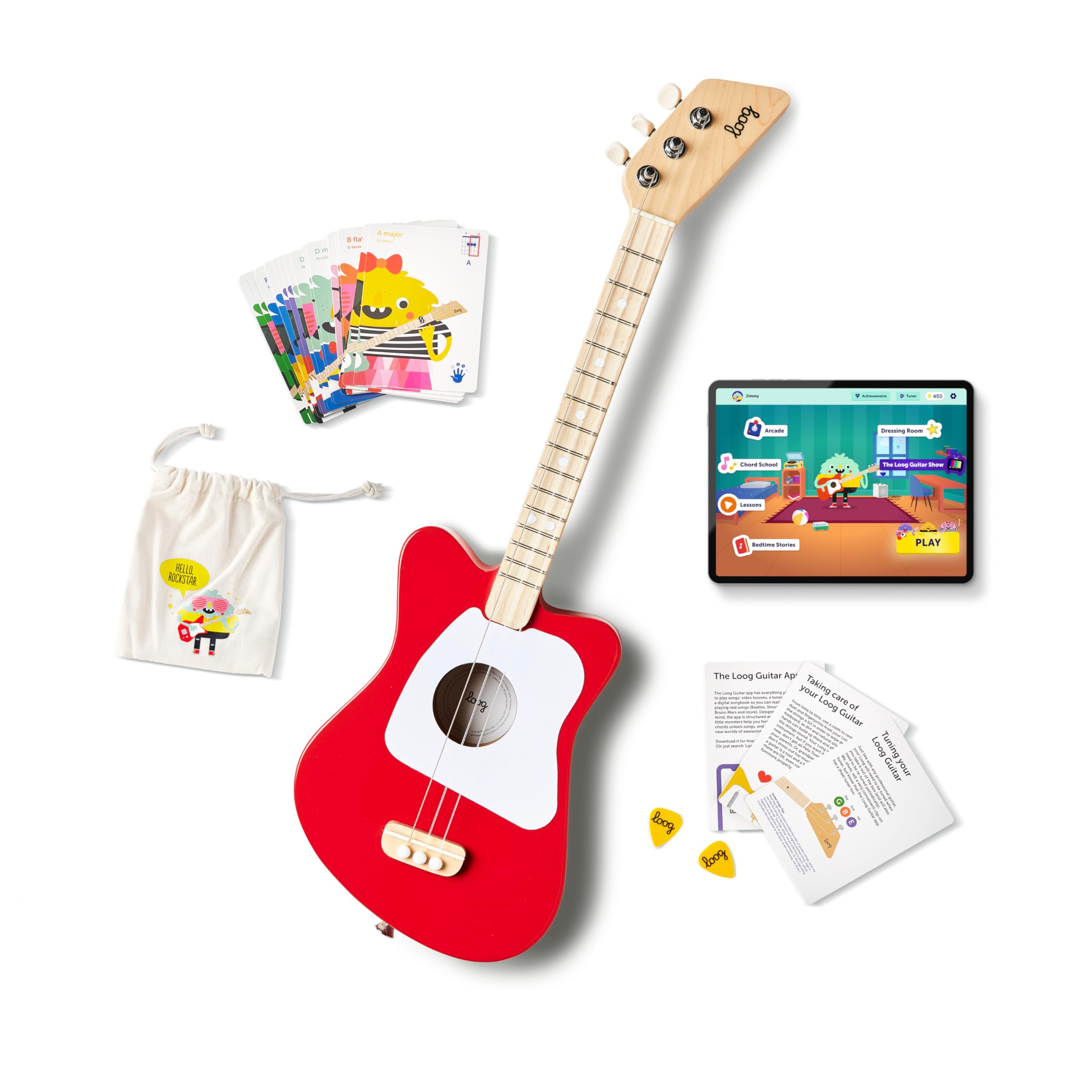Loog Mini Acoustic Kids Guitar For Beginners 3-Strings Ages 3+ Learning App And Lessons Included Red