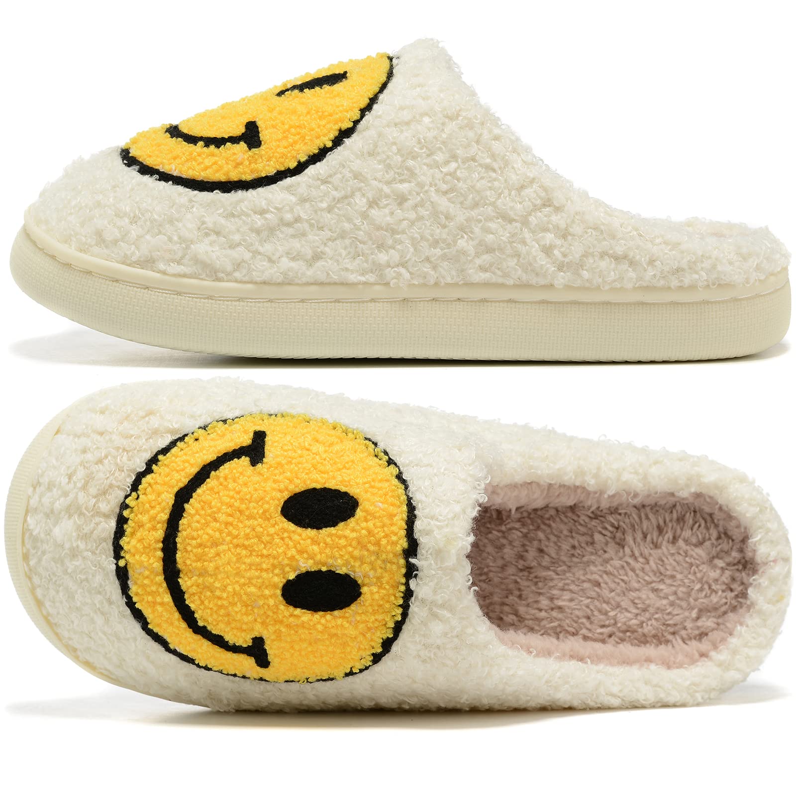 Retro Fuzzy Face Slippers for Women Men, Retro Soft Fluffy Warm Home Non-Slip couple Style casual Smiley Face Slippers Indoor Ou