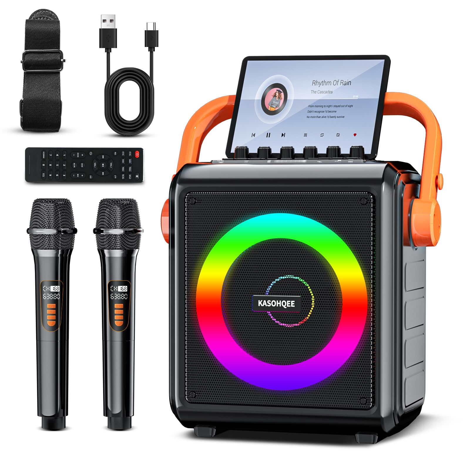 Karaoke Machine,8000mAh Portable Bluetooth Speaker with 2 Wireless Microphones for Adults & Kids,Microphone Speaker Set with Lig