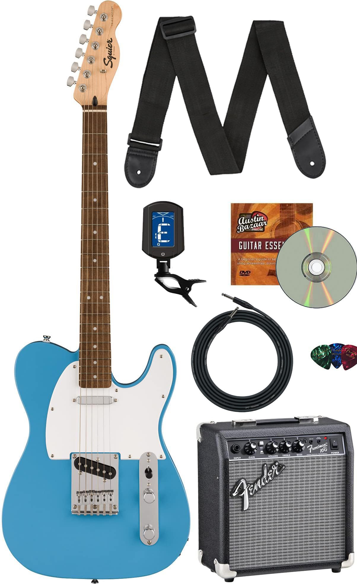 Fender Squier Sonic Telecaster - California Blue Bundle With Amp, Tuner, Strap, Cable, Picks, And Austin Bazaar Guitar Dvd