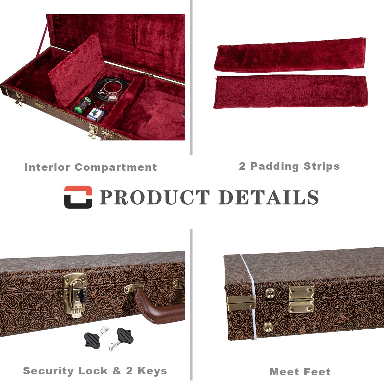 Crossrock Rectangular Wooden Electric Guitar Case for Fender Stratocaster & Telecaster | Blossom Brown Faux Leather, Burgundy ve