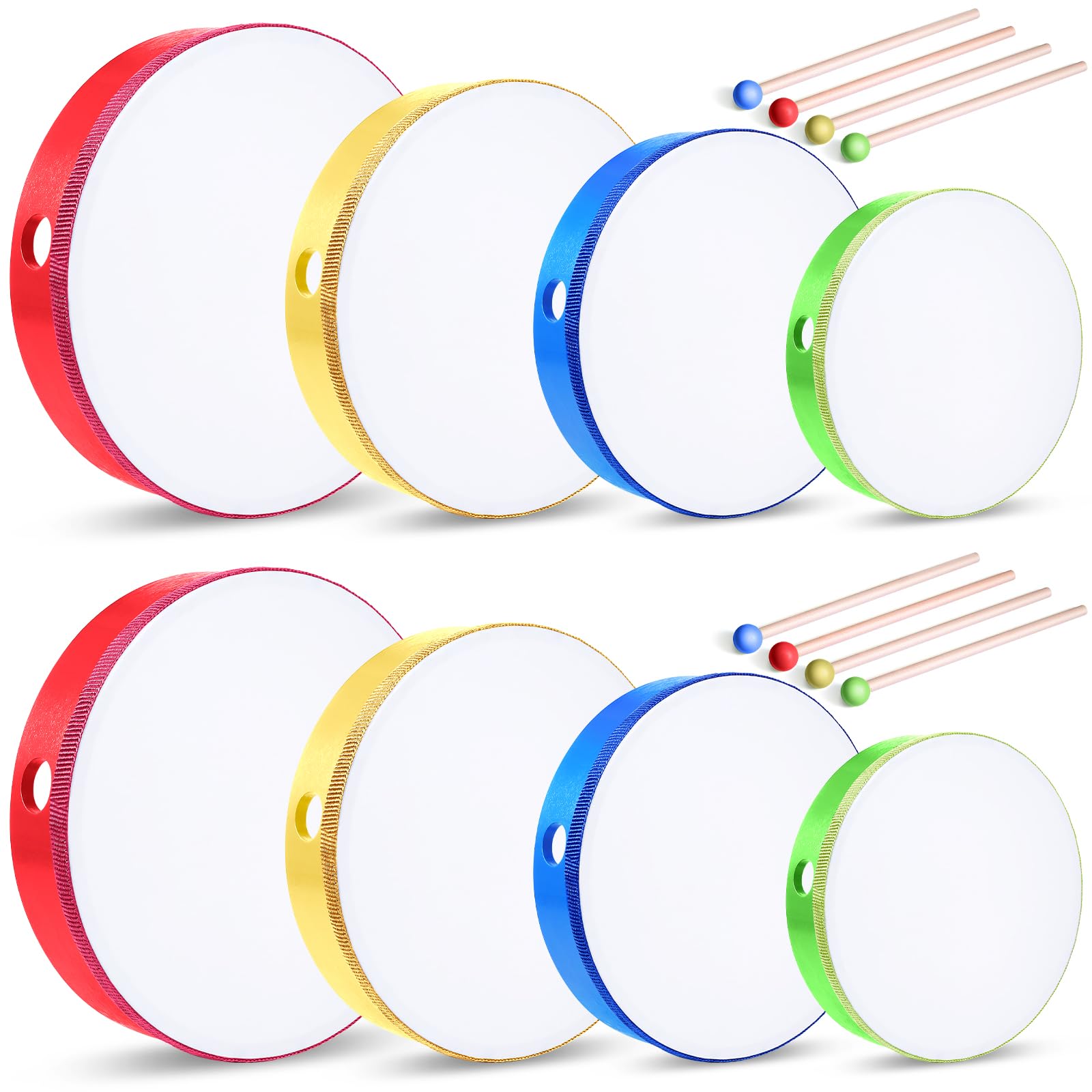 Boao 8 Pcs Kids Hand Drums Percussion Wood Frame Drums with Stick 12 Inch 10 Inch 8 Inch 6 Inch Percussion Musical Instruments f