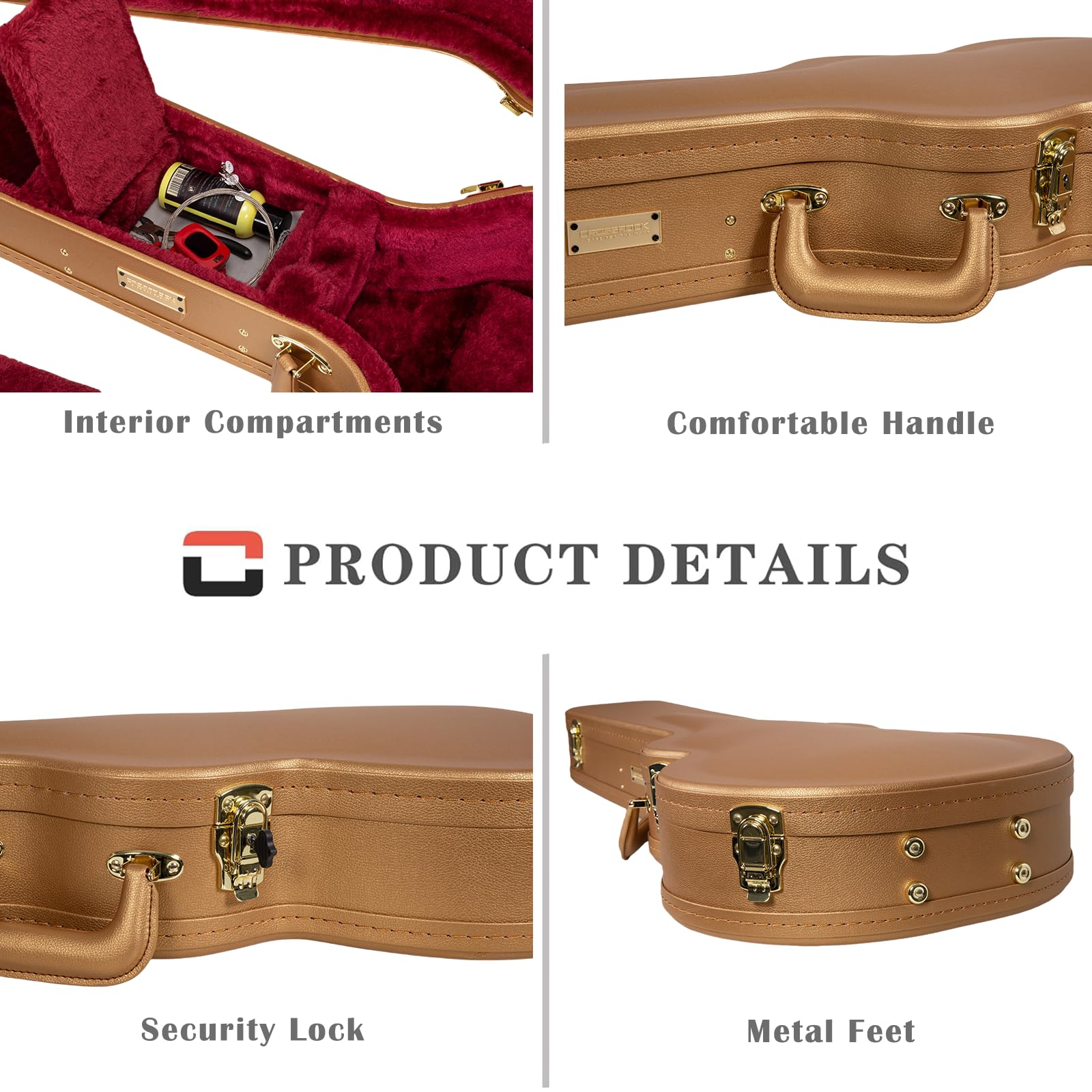 Crossrock Super Jumbo Acoustic Guitar Case for Gibson SJ-200 | Luxury Gold Finish, Reinforced Archtop, Security Lock, Hidden Sto