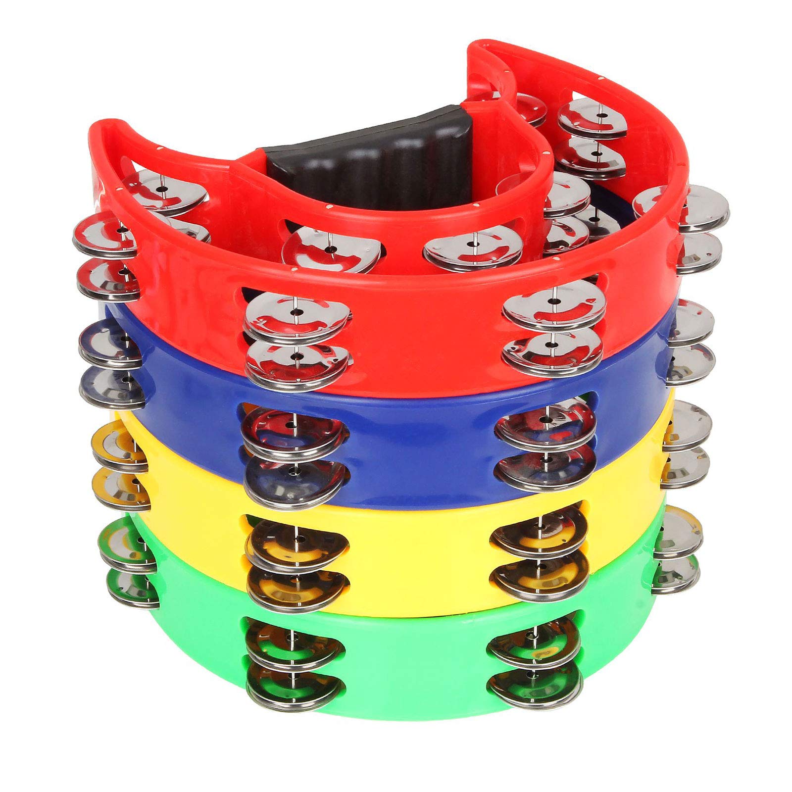 FengWu 4 Pack 9 Half Moon Handheld Tambourine Metal Jingles Tambourines for adults - Double Row, Plastic Musical Percussion Tamb