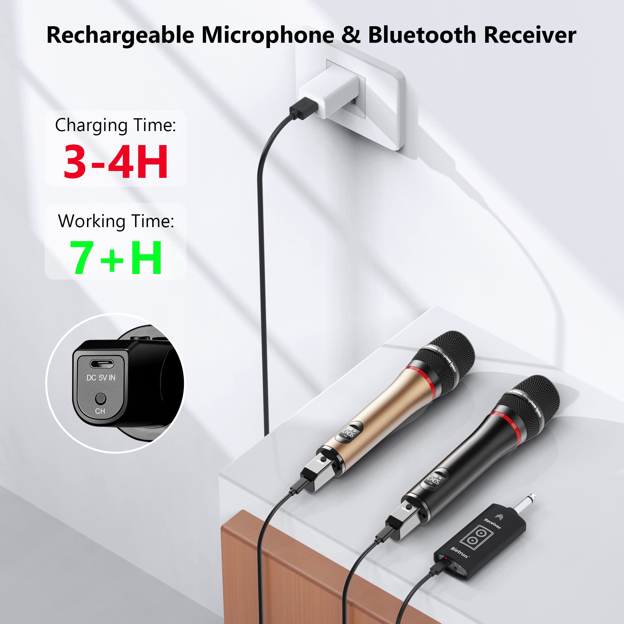 Bietrun Wireless Microphone, 240FT Rechargeable UHF Metal Dual Cordless Handheld Dynamic Mics with Bluetooth for Karaoke Machine