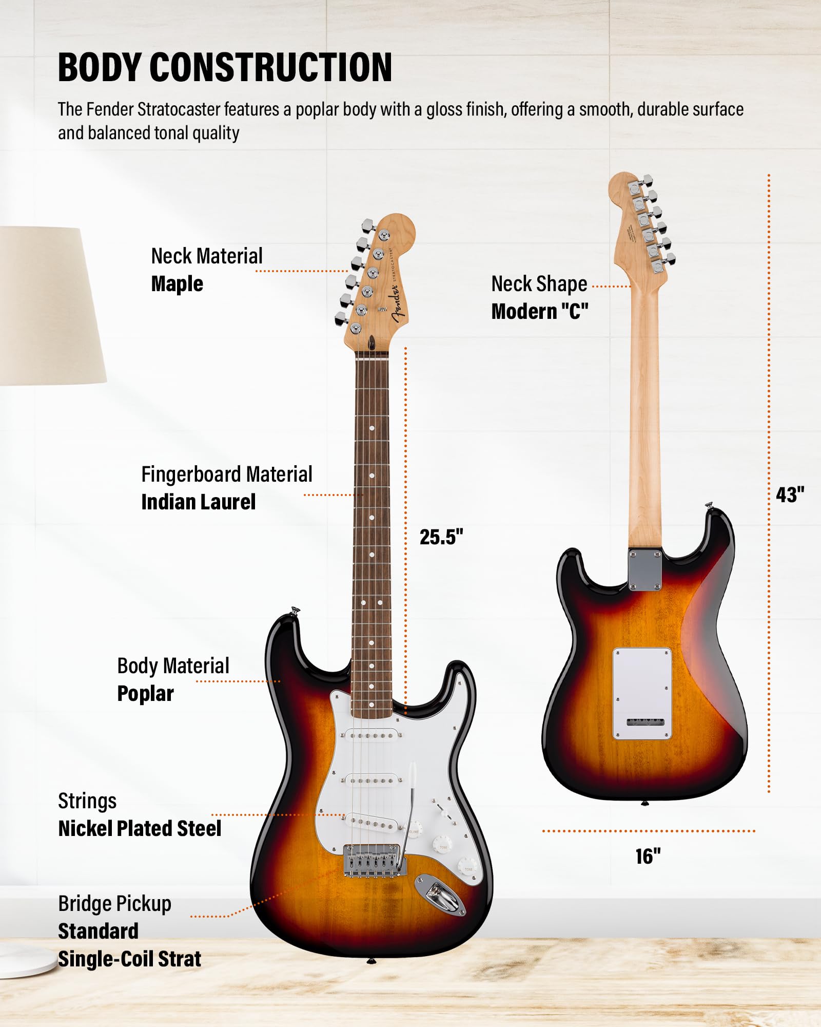 Fender Standard Stratocaster - 3-Color Sunburst Bundle with Strap, Guitar Cleaning Kit and Austin Bazaar Instructional Video