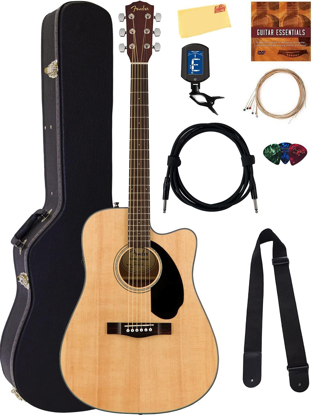 Fender Cd-60Sce Solid Top Dreadnought Acoustic-Electric Guitar - Natural Bundle With Hard Case, Instrument Cable, Tuner, Strap,