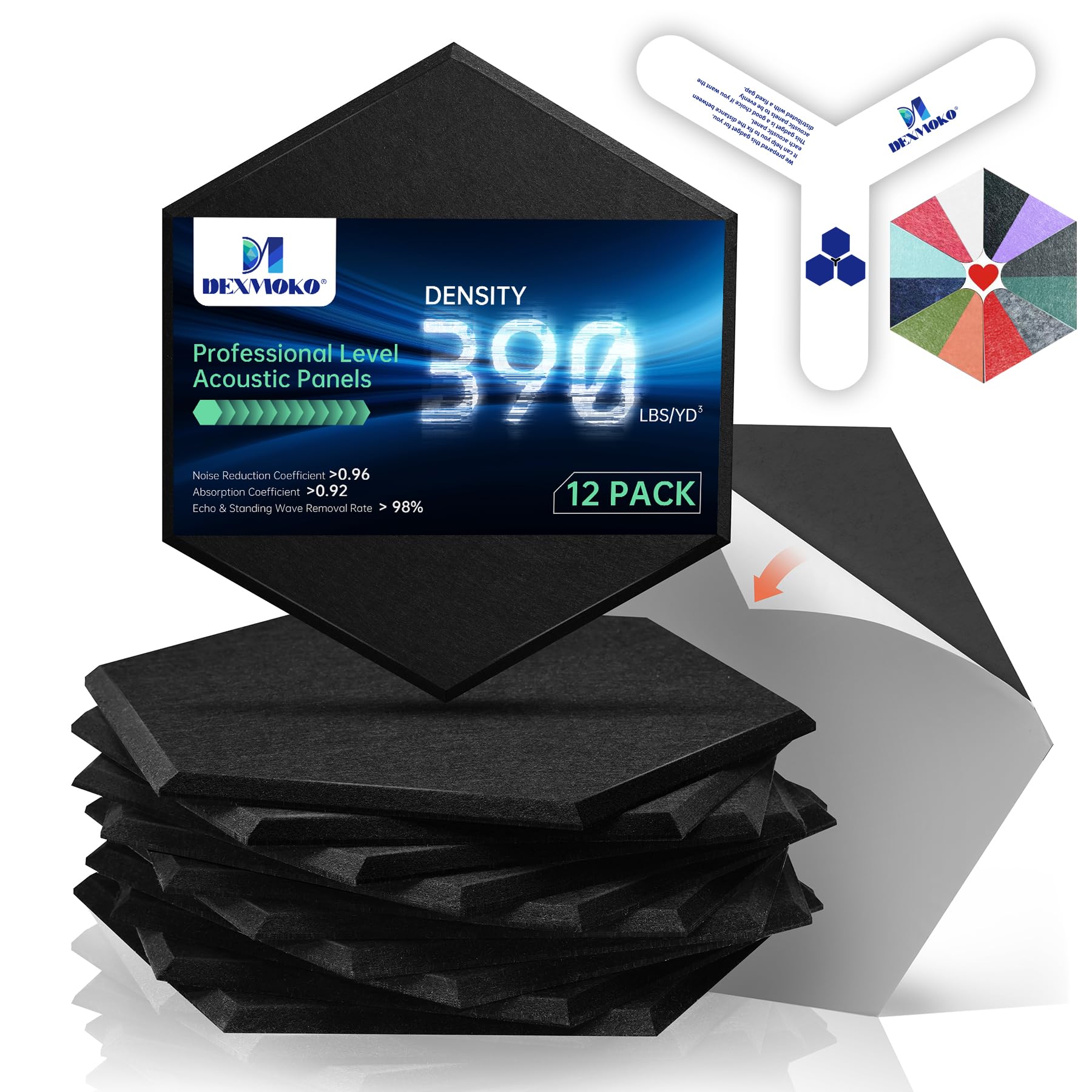 Dexmoko Self-Adhesive Acoustic Panels [390 Lbs/Yd Ultra-High Density], 2Nd Generation Sound Absorbing Panel, Professional Level