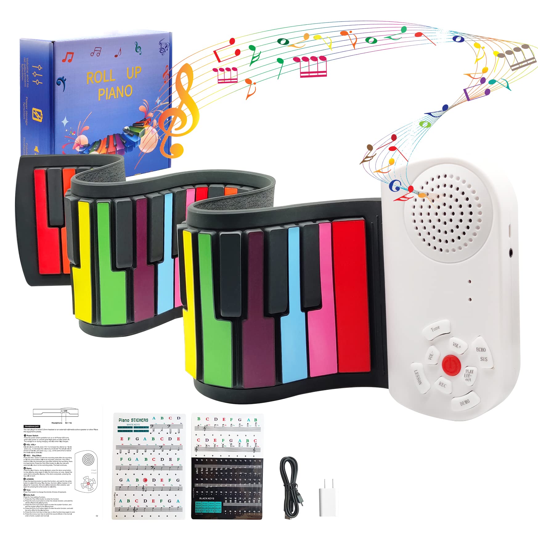 49 Keys Roll Up Piano for Kids Beginner Upgraded Portable Piano Keyboard Mat with Sticker Build-in Speaker Rainbow Color