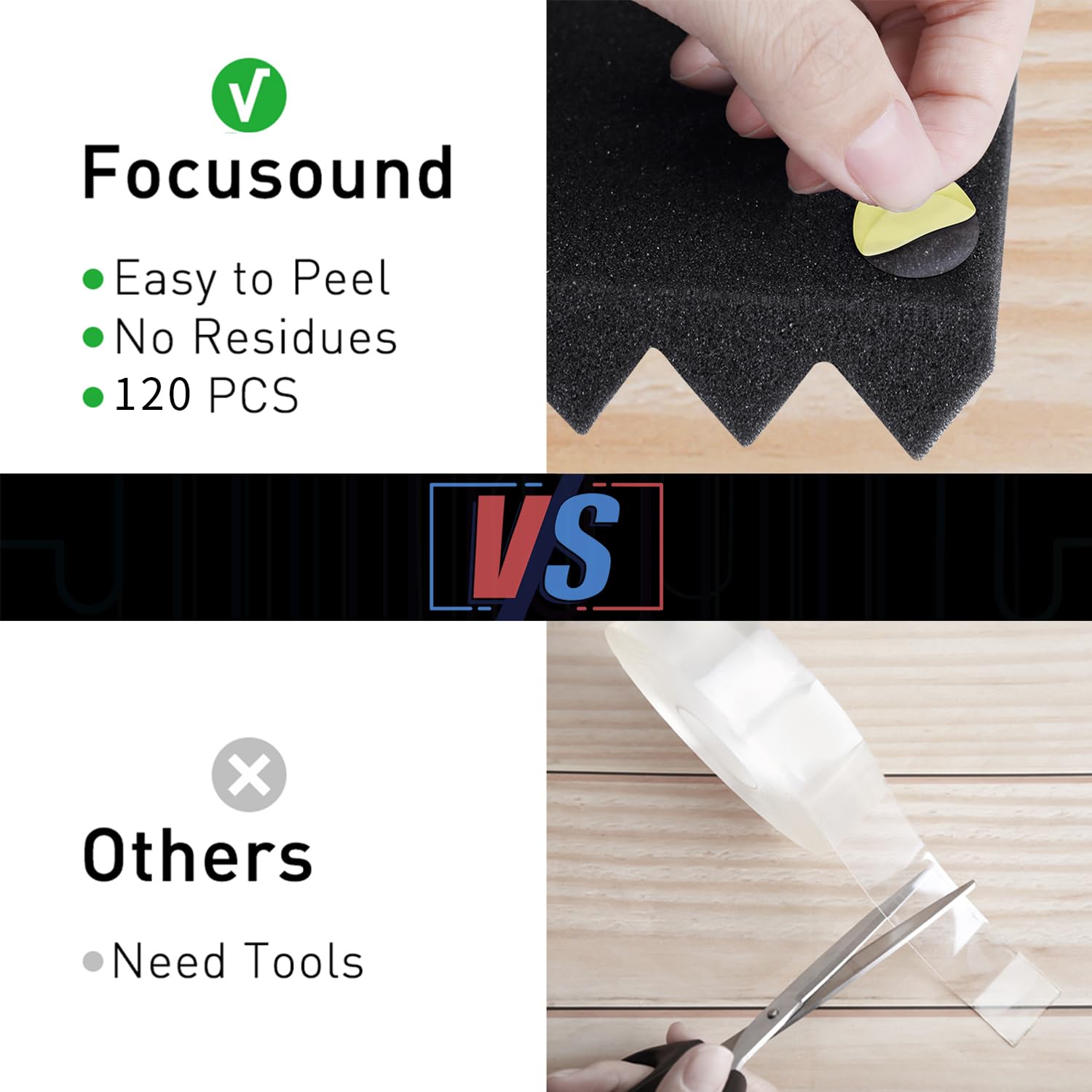 Focusound 24 Packs Acoustic Foam Panels Pyramid 2'' X 12'' X 12'', Soundproofing Foam Noise Cancelling Foam with 120 PCS Double-