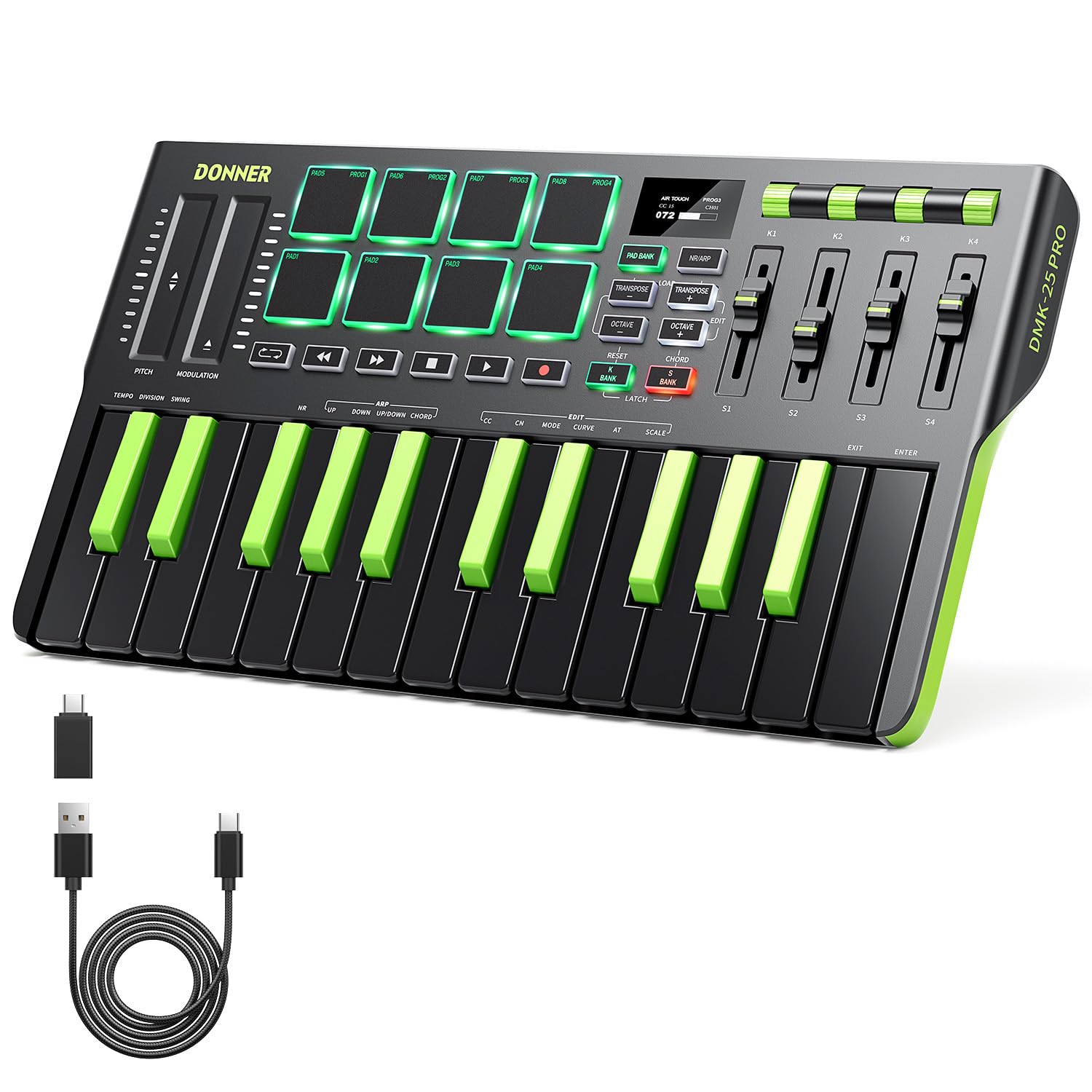 Donner DMK25 Pro MIDI Keyboard Controller, 25 Mini Key Portable USB-C MIDI Controller with 8 Drum Pads, OLED Display, Personaliz