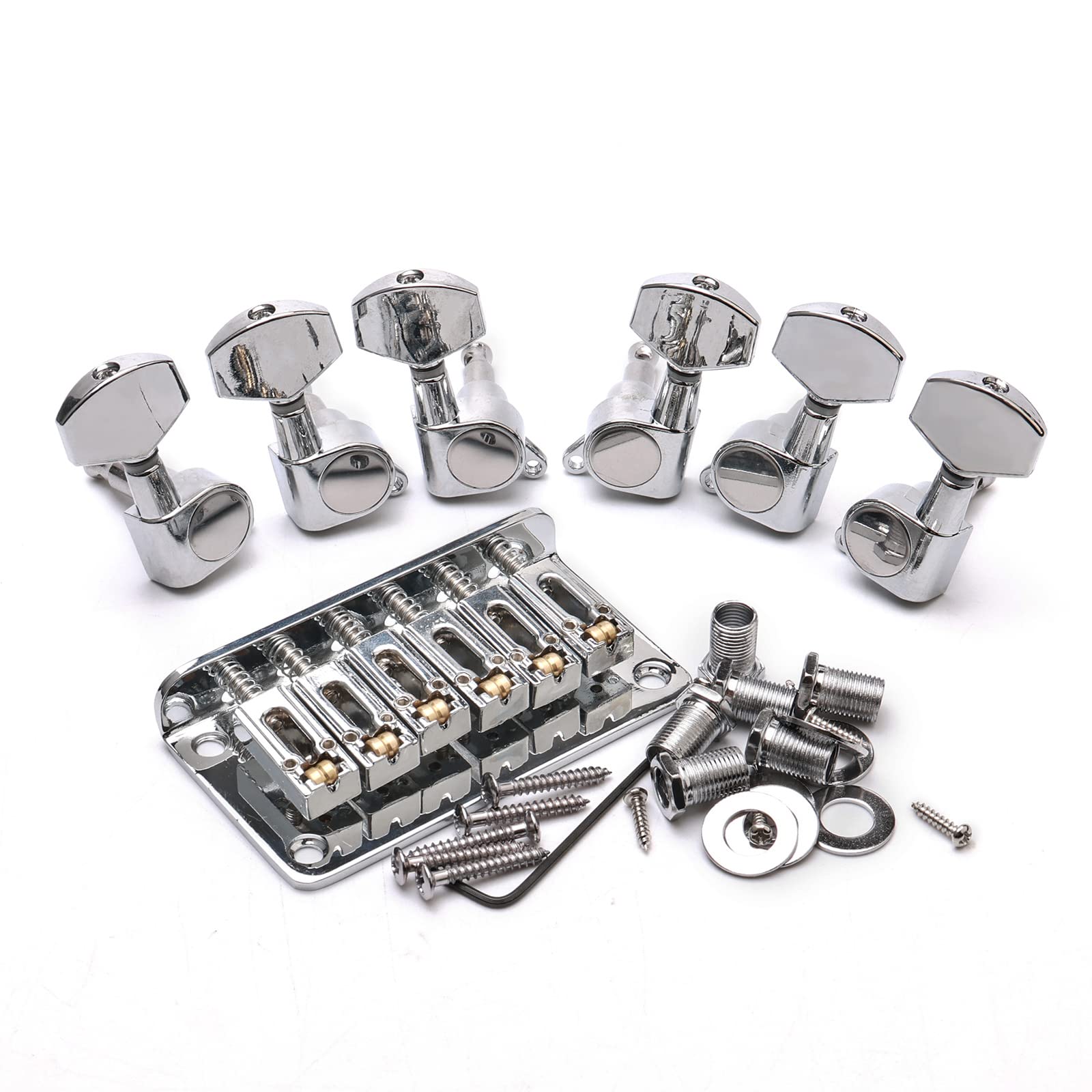 Unxuey Electric Guitar Bridge with 3R+3L String Tuning Key Pegs for 6-String Strat/Tele Style Electric Guitar, Silver, Length 78