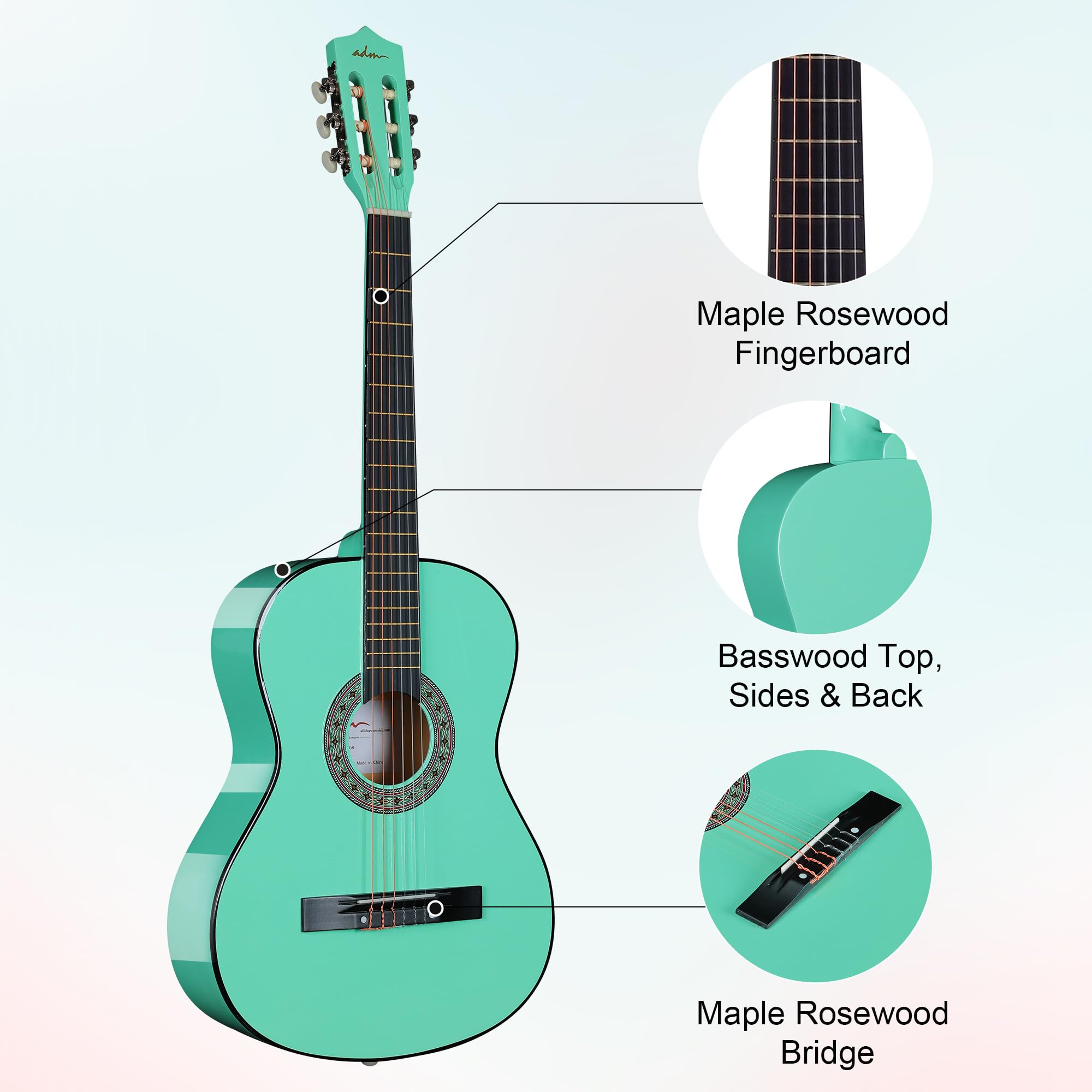 ADM Beginner Acoustic Classical Guitar 38 Inch Nylon Strings Wooden Guitar Bundle Kit for Kid Boy Girl Student Youth Guitarra On