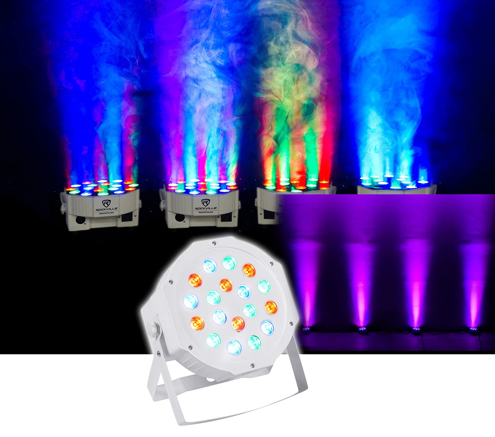 Rockville RockPAR50 White Compact 24W LED RGB Par Can DJ/Club/Stage Wash Light, DMX Control, Daisy-Chain Power, Sound-Activated,