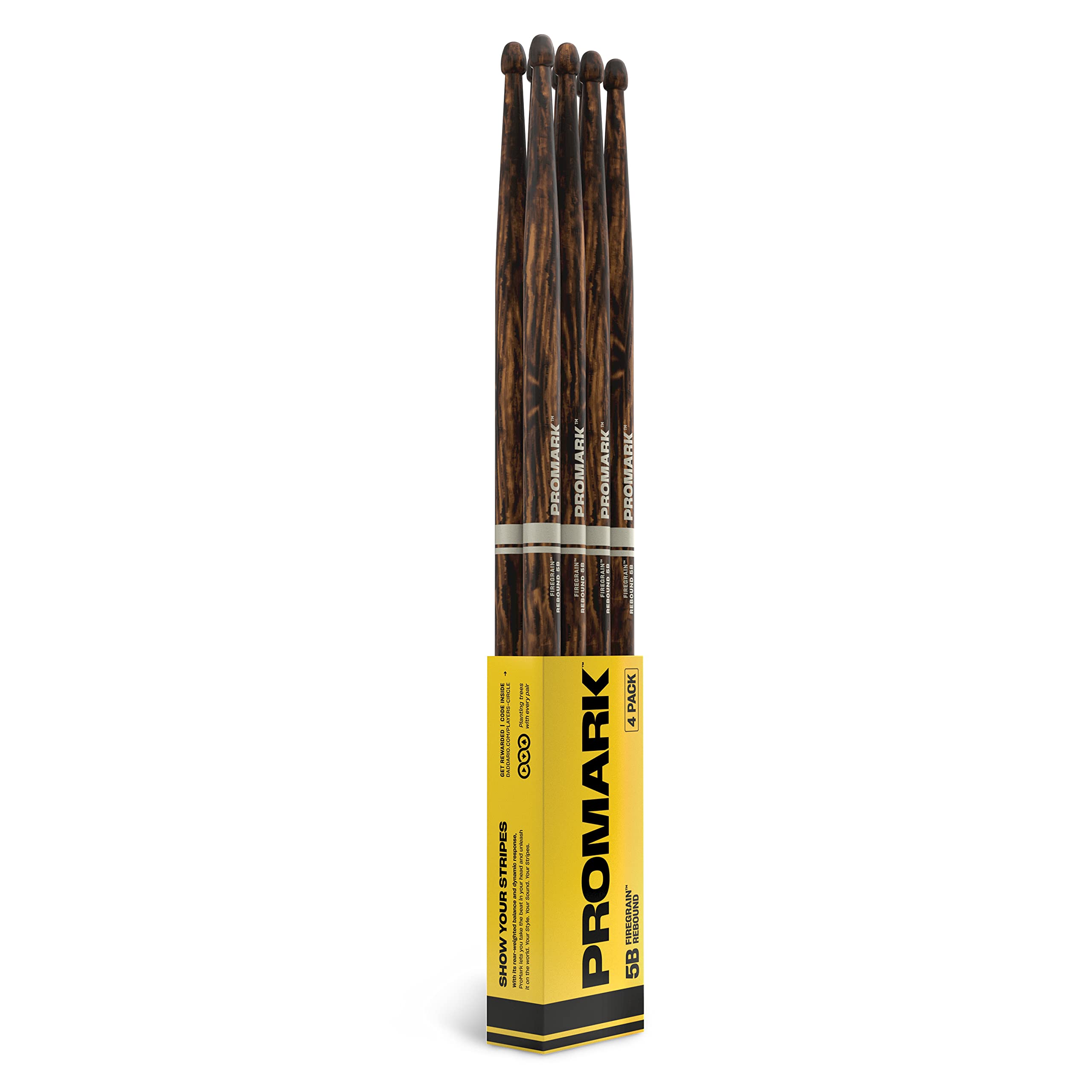 ProMark Rebound 5B FireGrain Drumsticks, Lacquer Finished Drum Sticks, R5BFG-4P, Acorn Tip, Hickory Wood - 4 Pairs