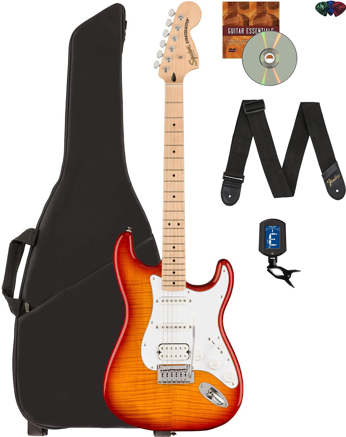 Fender Squier Affinity Stratocaster Fmt Hss - Sienna Sunburst Bundle With Gig Bag, Tuner, Instrument Cable, Strap, Picks, And Au