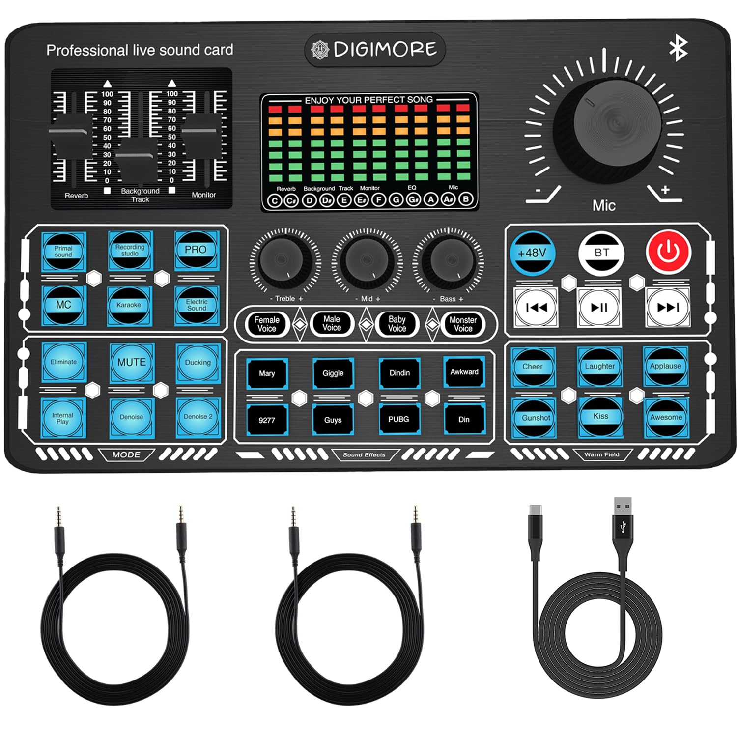 Digimore 48V Phantom Power Professional Live Sound Card For Home Recording Studio With Bluetooth, 4 Voice Change Modes, Denoise,