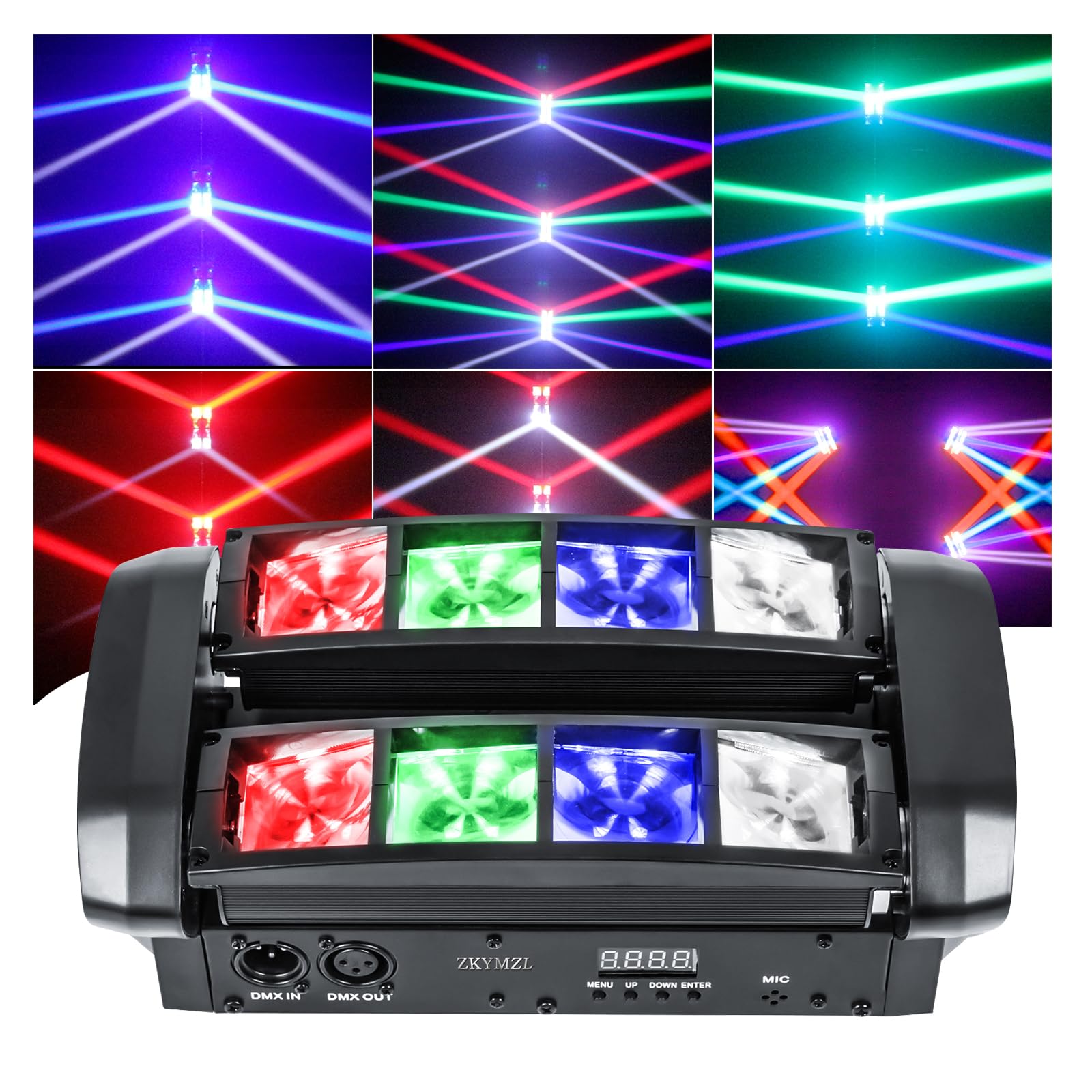 ZKYMZL RGBW Moving Head DJ Lights LED Spider Beam Stage Lighting with Sound Activated and DMX512 Control for Parties Disco Show 