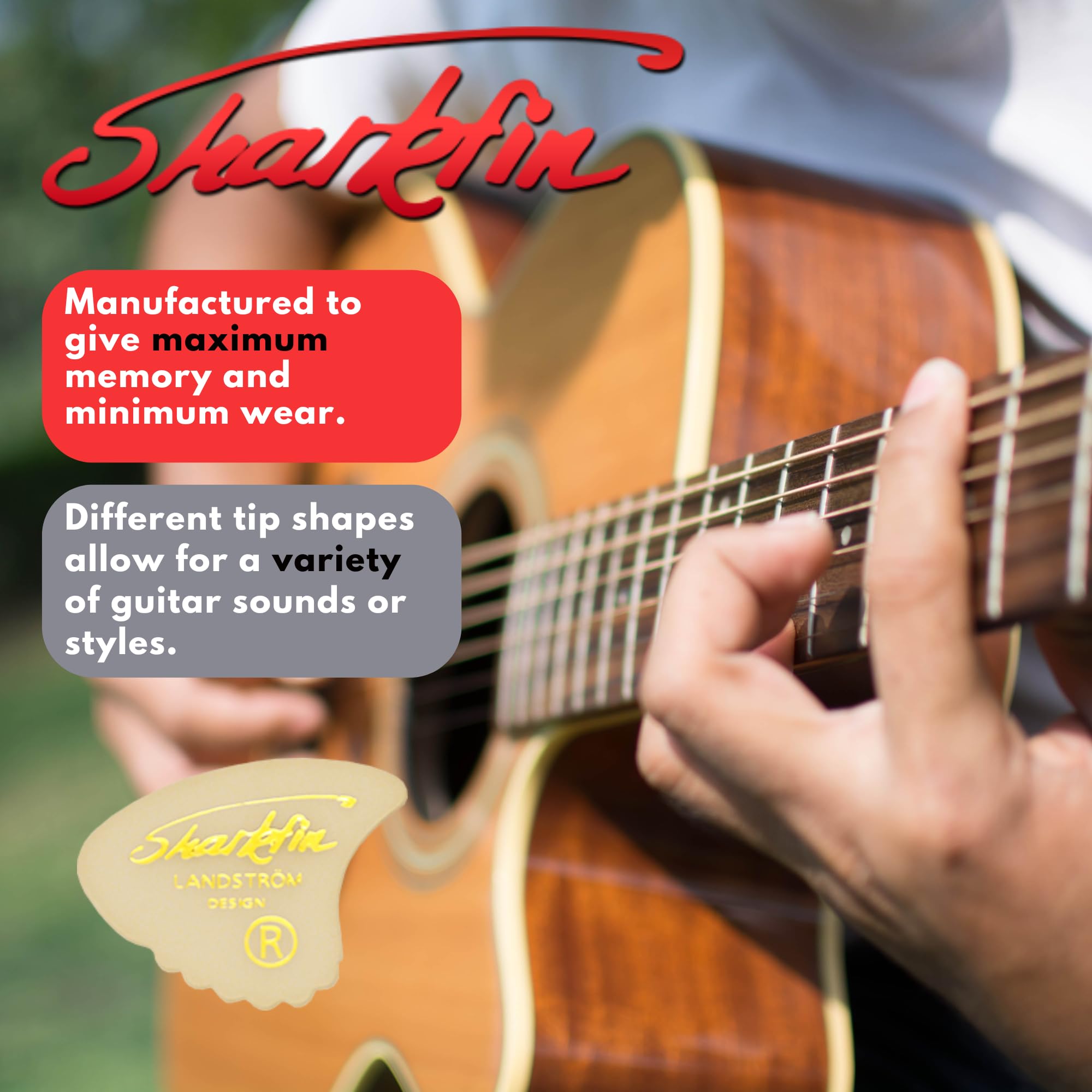 The original legendary Landstrom design from Sweden Sharkfin guitar picks 10 Pack White Goldprint Medium