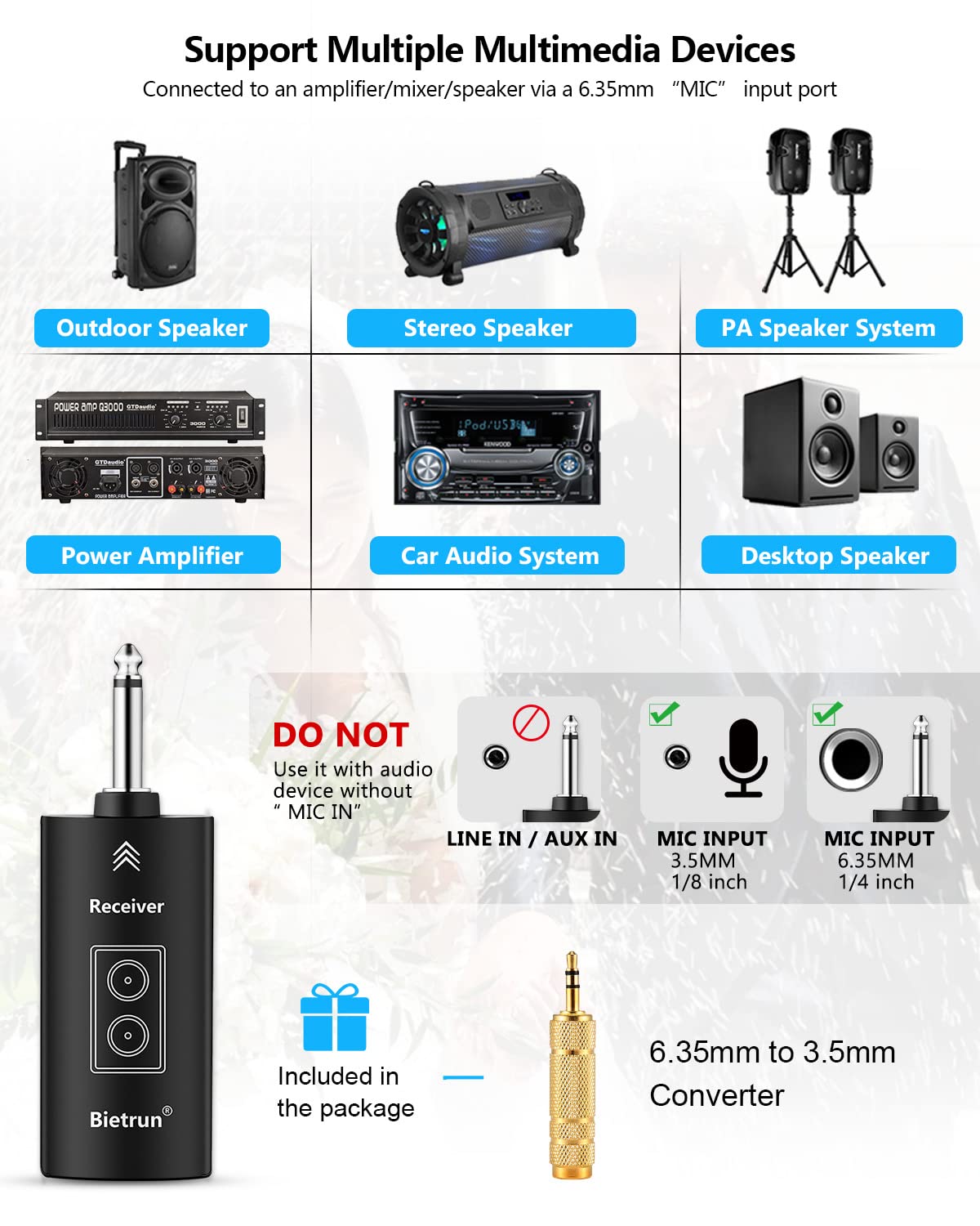 Bietrun Wireless Microphone, 240FT Rechargeable UHF Metal Dual Cordless Handheld Dynamic Mics with Bluetooth for Karaoke Machine
