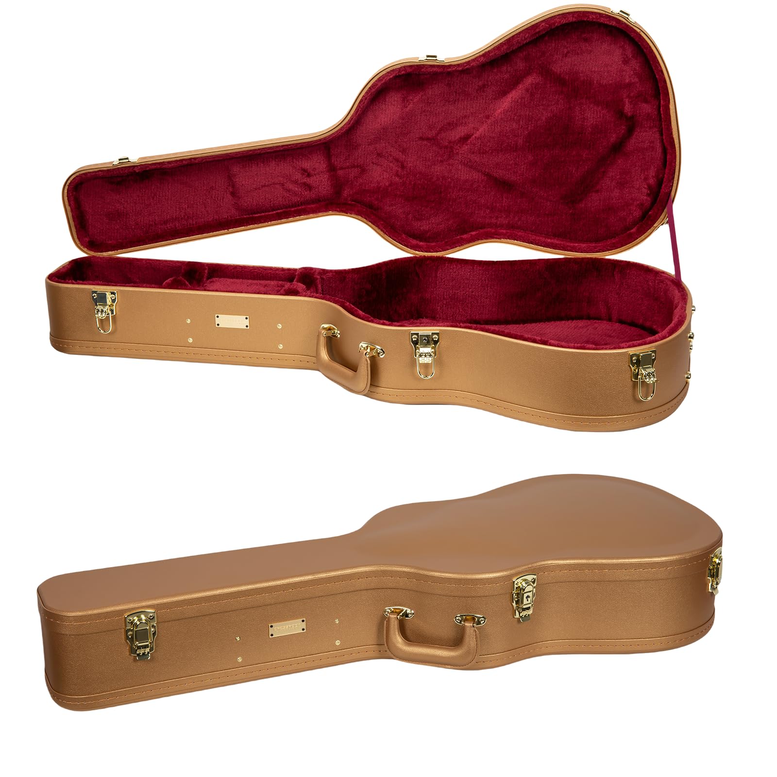 Crossrock Wooden Dreadnought Guitar Case for Martin D-28 / Taylor Grand Auditorium | Luxury Gold Faux Leather, Burgundy Velvet I