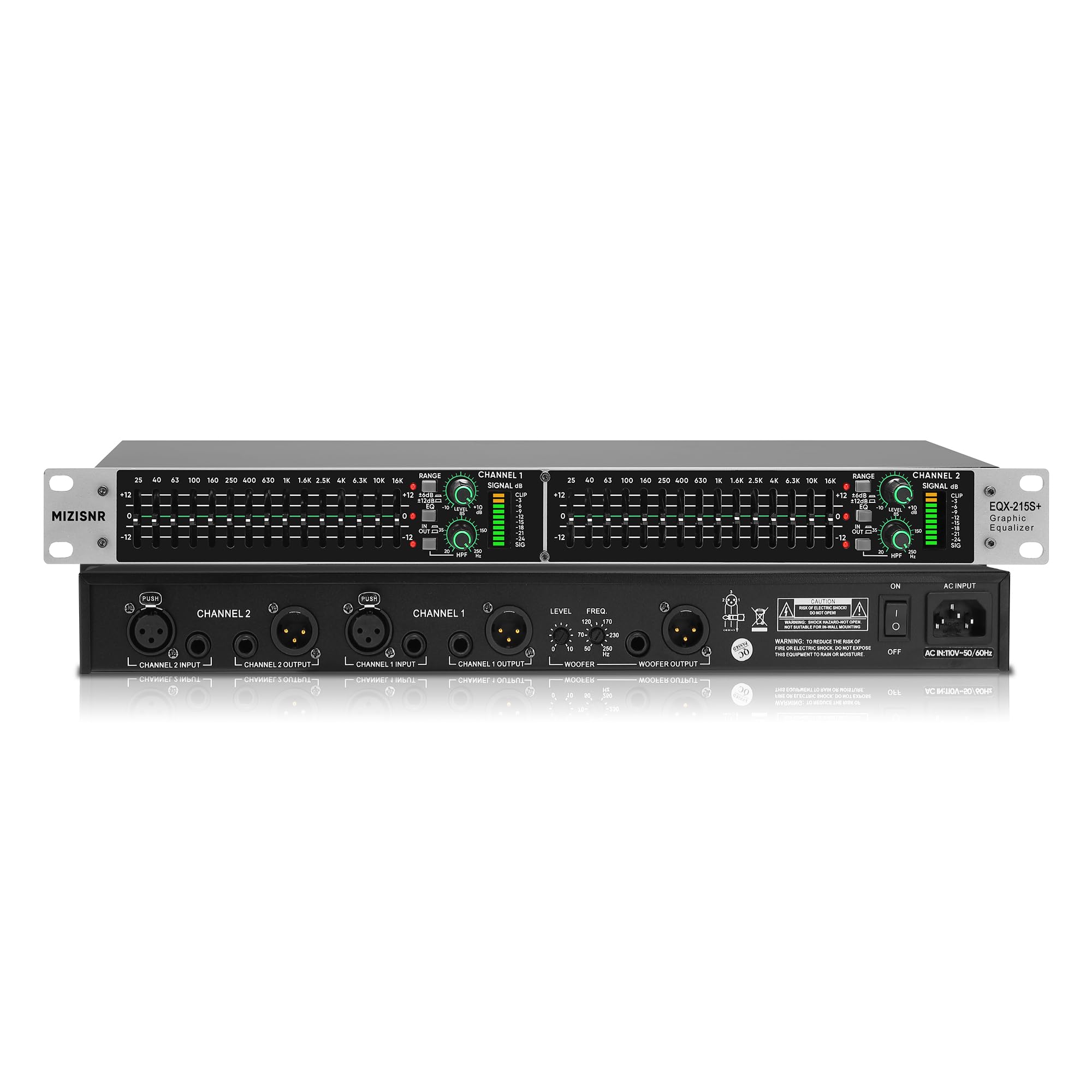 MIZISNR Stereo Graphic Equalizer 15-Band EQ for Home Audio System, Rack Mount Dual Channel Pro DJ Equalizer with Subwoofer Outpu