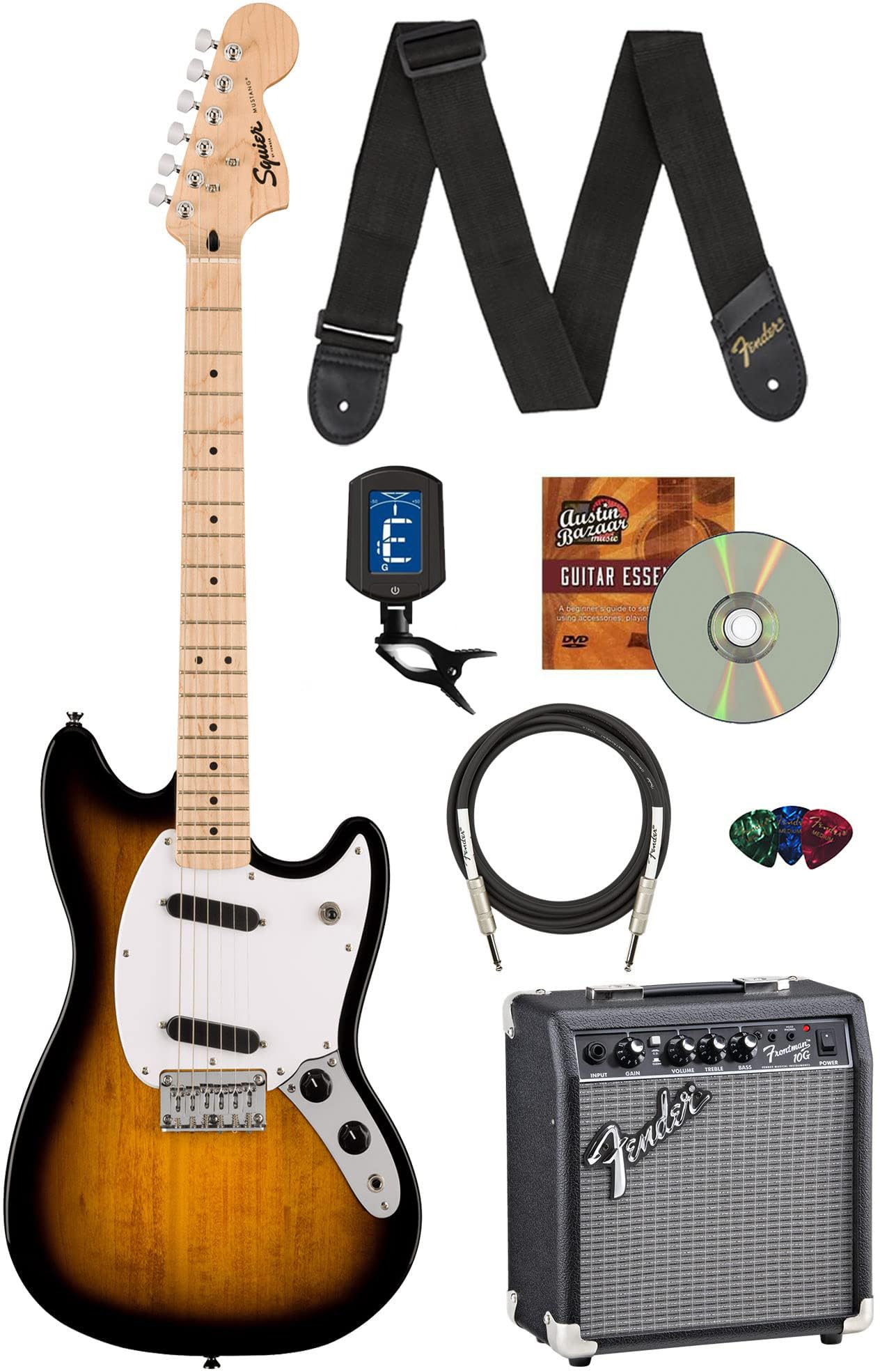 Fender Squier Sonic Mustang, Maple Fingerboard, Ss Electric Guitar Bundle With Frontman 10G Amplifier, Guitar Cable, Tuner, Guit